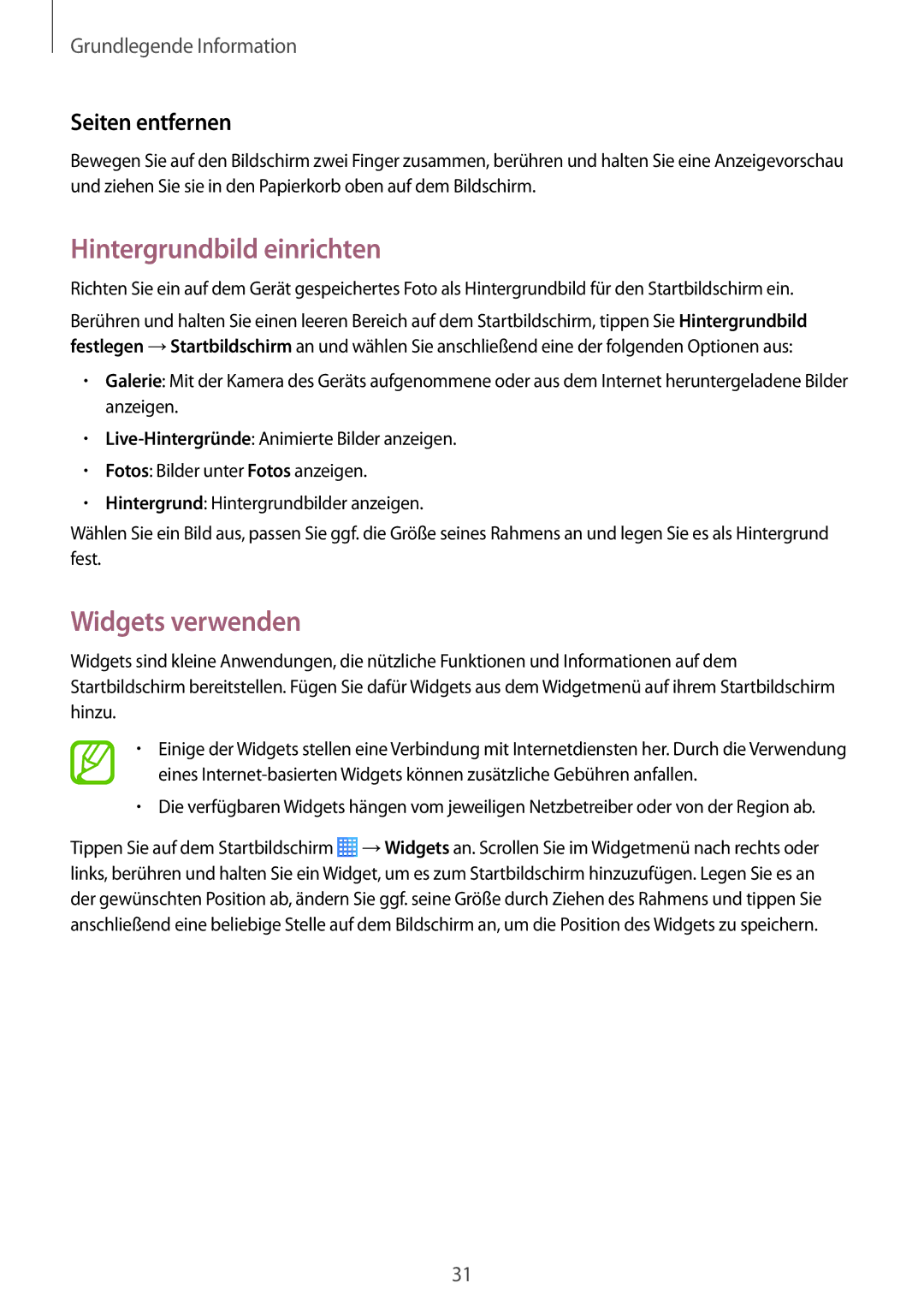 Samsung SM-T235NZWATPL, SM-T235NZWAATO, SM-T235NYKASEB manual Hintergrundbild einrichten, Widgets verwenden, Seiten entfernen 