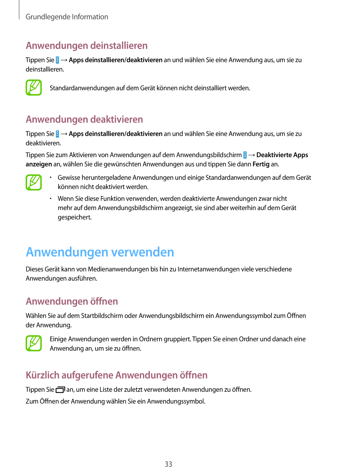 Samsung SM-T235NZWAATO Anwendungen verwenden, Anwendungen deinstallieren, Anwendungen deaktivieren, Anwendungen öffnen 