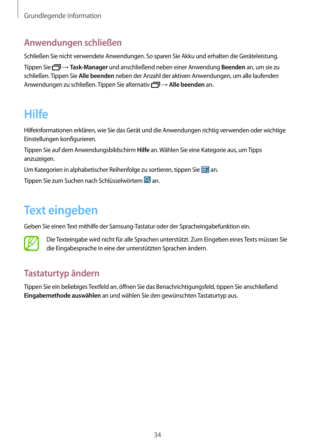 Samsung SM-T235NYKASEB, SM-T235NZWAATO, SM-T235NZWADBT manual Hilfe, Text eingeben, Anwendungen schließen, Tastaturtyp ändern 