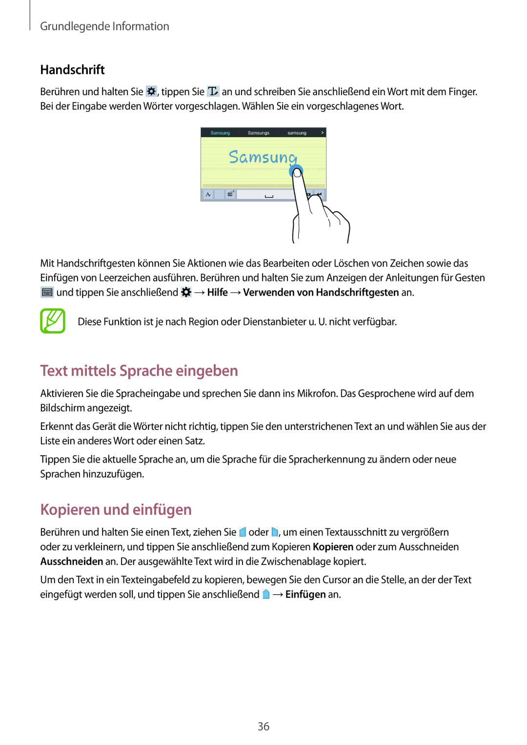Samsung SM-T235NYKAATO, SM-T235NZWAATO, SM-T235NYKASEB Text mittels Sprache eingeben, Kopieren und einfügen, Handschrift 