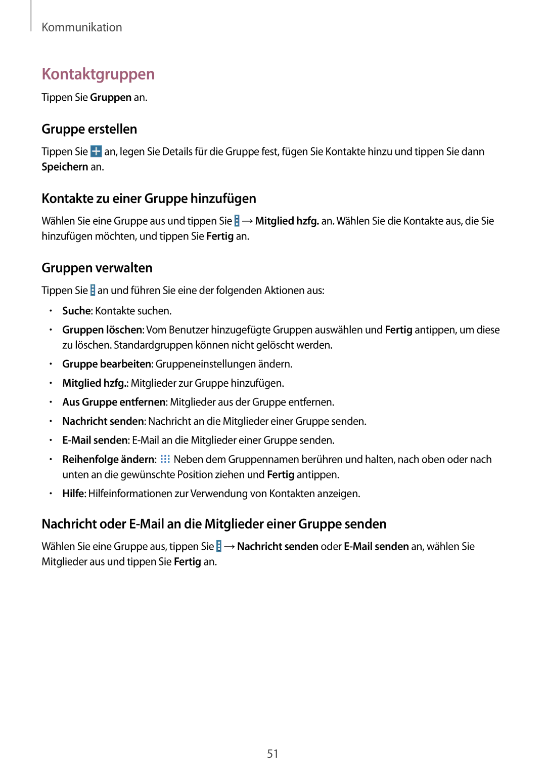 Samsung SM-T235NYKAEUR manual Kontaktgruppen, Gruppe erstellen, Kontakte zu einer Gruppe hinzufügen, Gruppen verwalten 