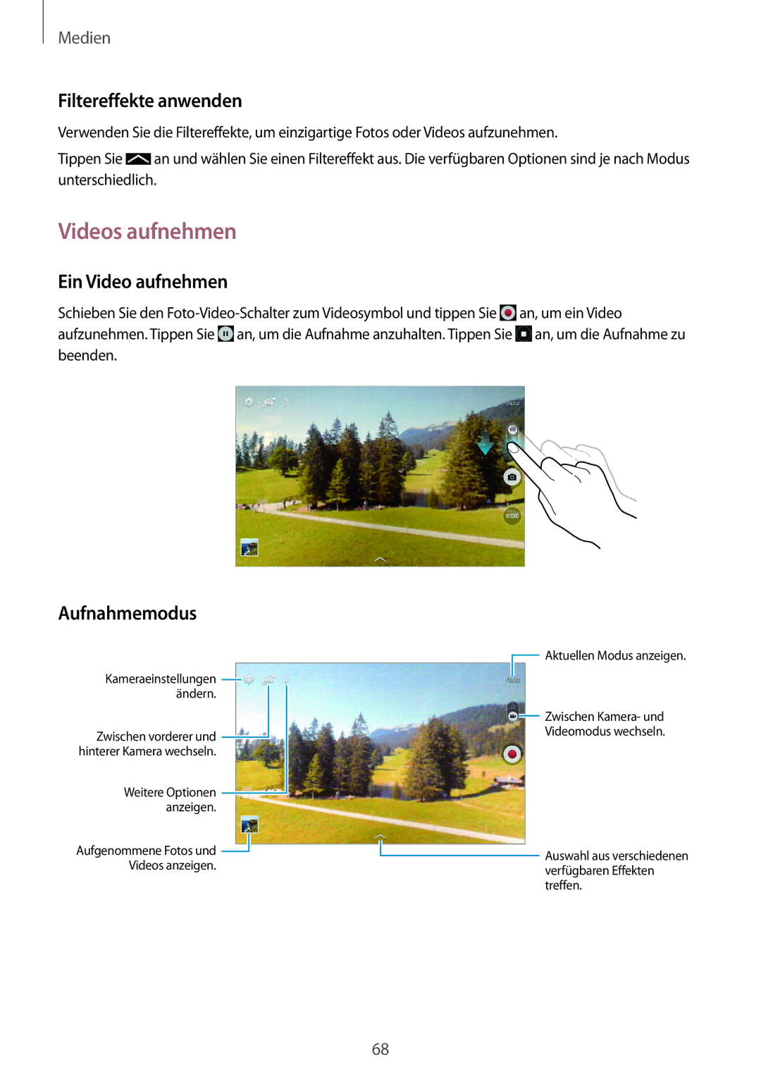 Samsung SM-T235NZWADBT, SM-T235NZWAATO, SM-T235NYKASEB manual Videos aufnehmen, Filtereffekte anwenden, Ein Video aufnehmen 