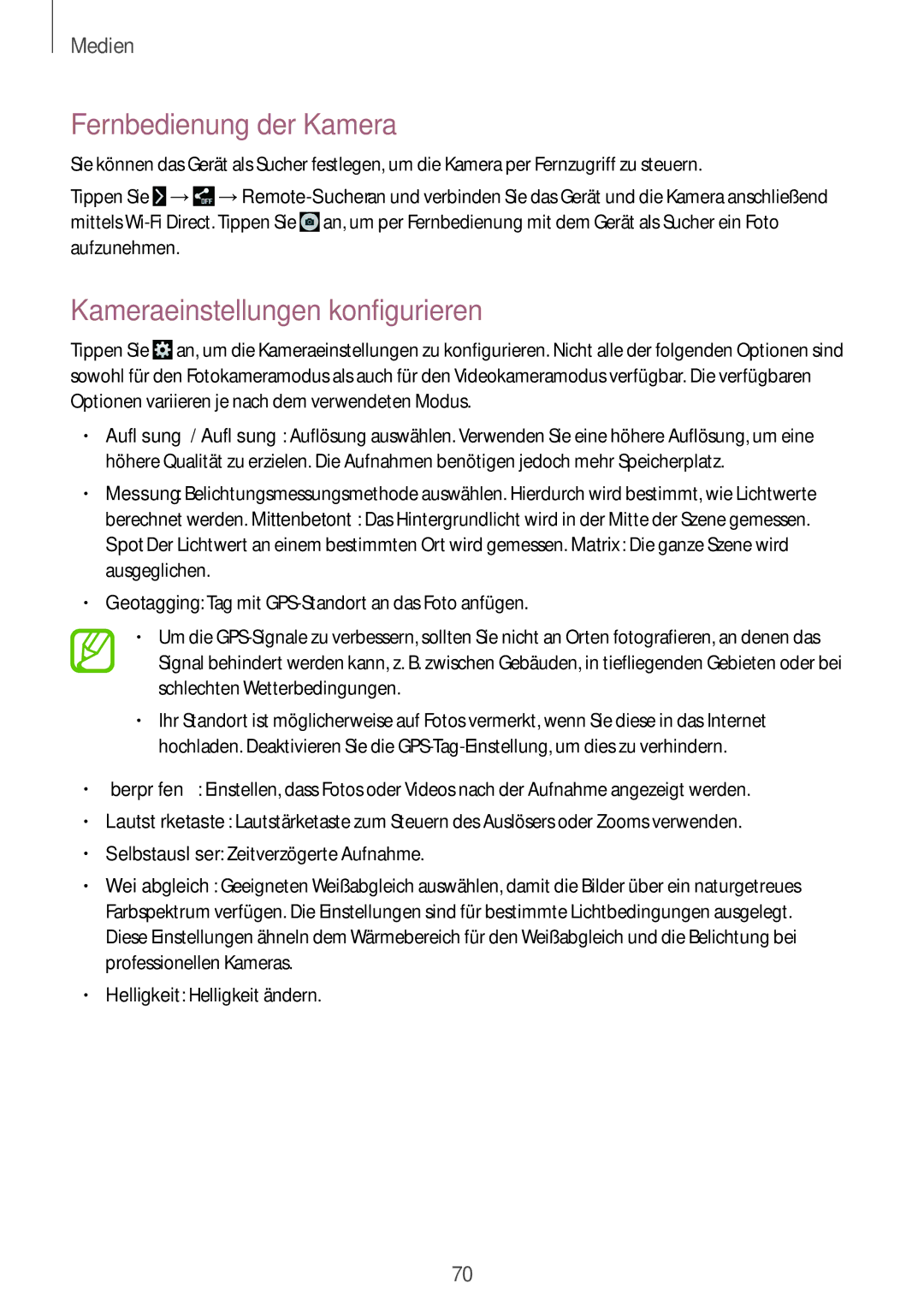 Samsung SM-T235NYKAXEO, SM-T235NZWAATO, SM-T235NYKASEB manual Fernbedienung der Kamera, Kameraeinstellungen konfigurieren 