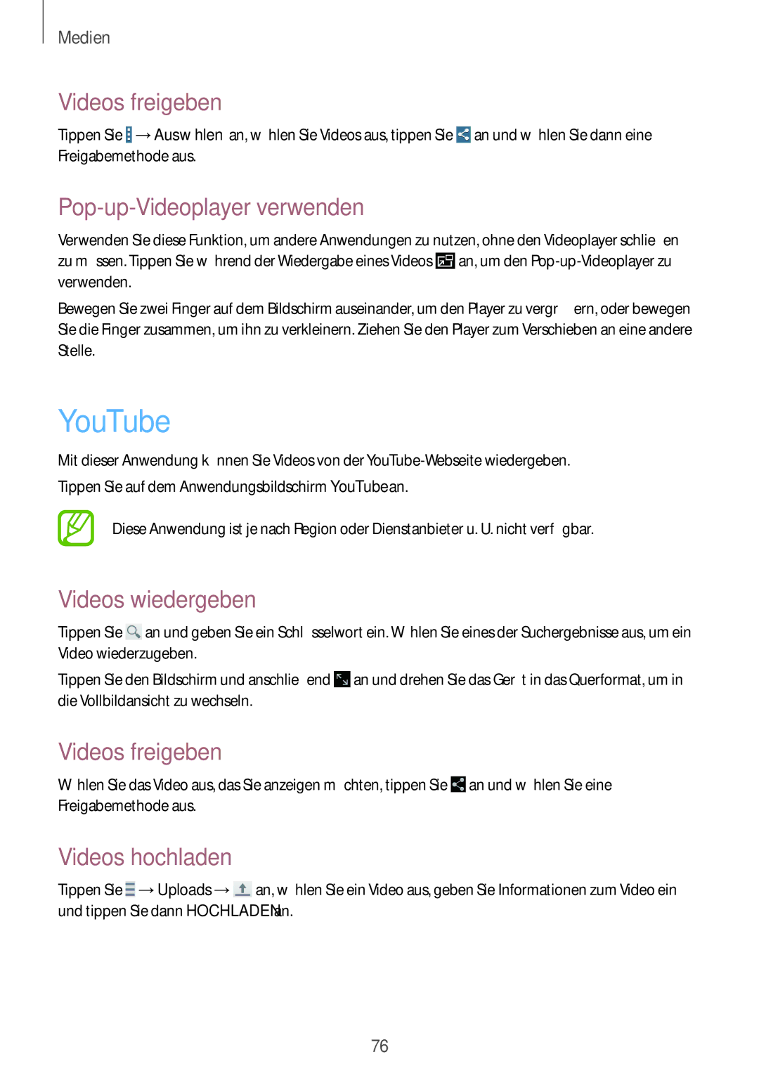 Samsung SM-T235NZWAXEF, SM-T235NZWAATO manual YouTube, Videos freigeben, Pop-up-Videoplayer verwenden, Videos hochladen 