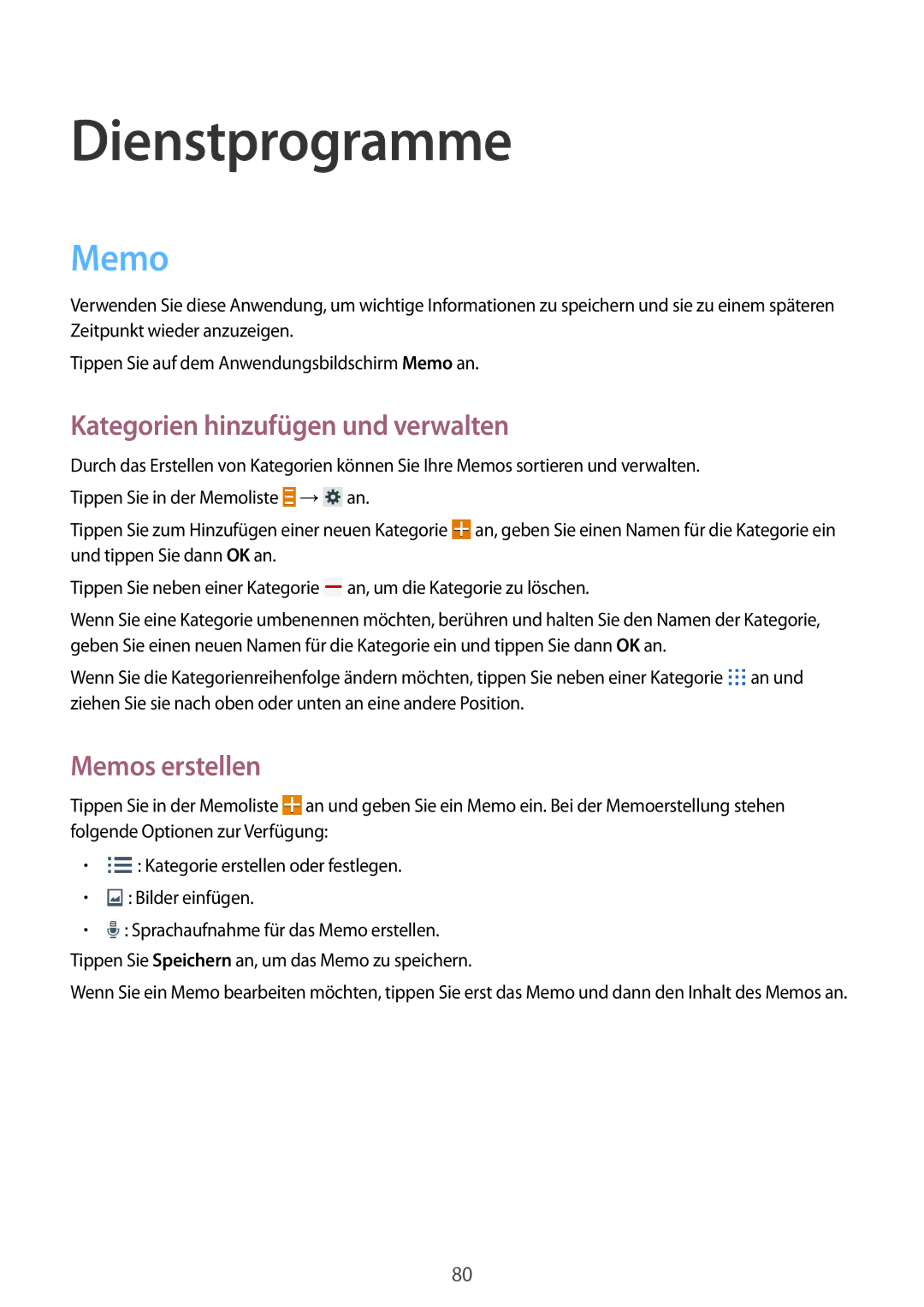 Samsung SM-T235NYKAATO, SM-T235NZWAATO manual Dienstprogramme, Kategorien hinzufügen und verwalten, Memos erstellen 