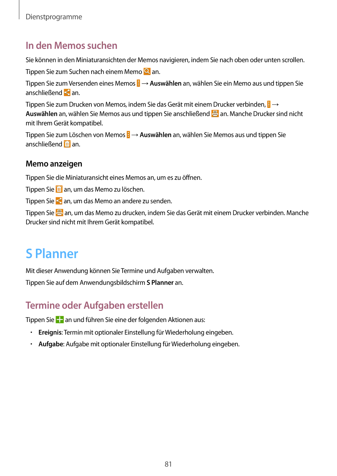Samsung SM-T235NYKAXEO, SM-T235NZWAATO manual Planner, Den Memos suchen, Termine oder Aufgaben erstellen, Memo anzeigen 