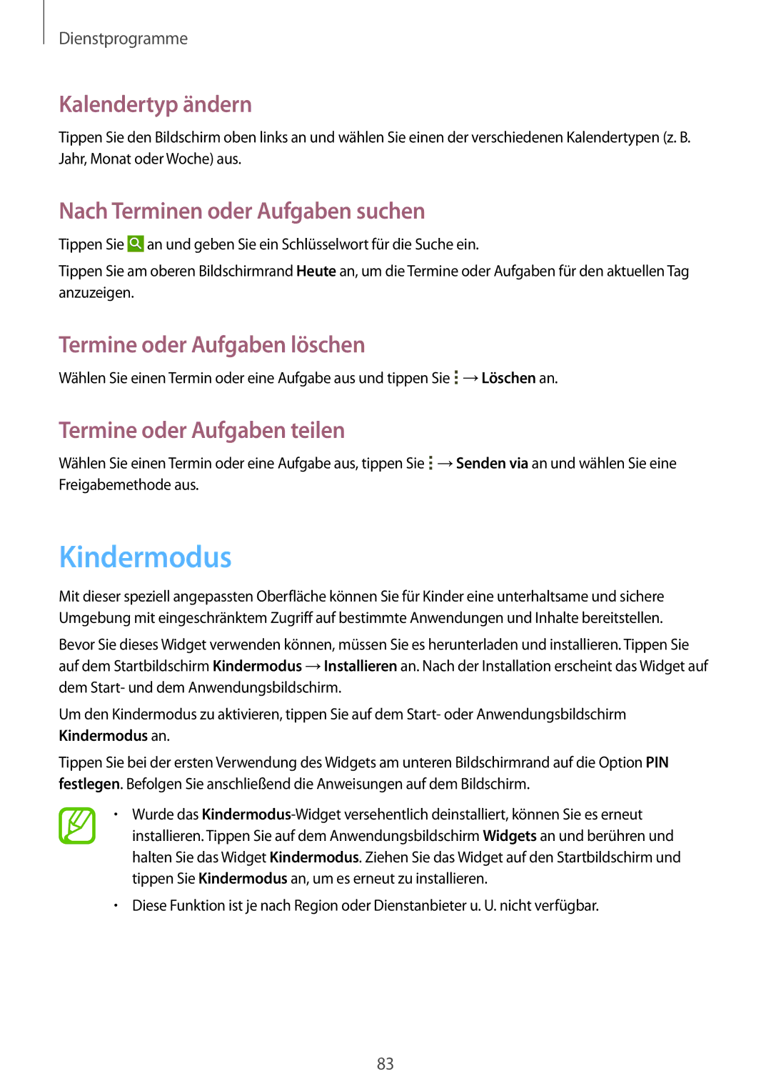 Samsung SM-T235NYKATPL Kindermodus, Kalendertyp ändern, Nach Terminen oder Aufgaben suchen, Termine oder Aufgaben löschen 