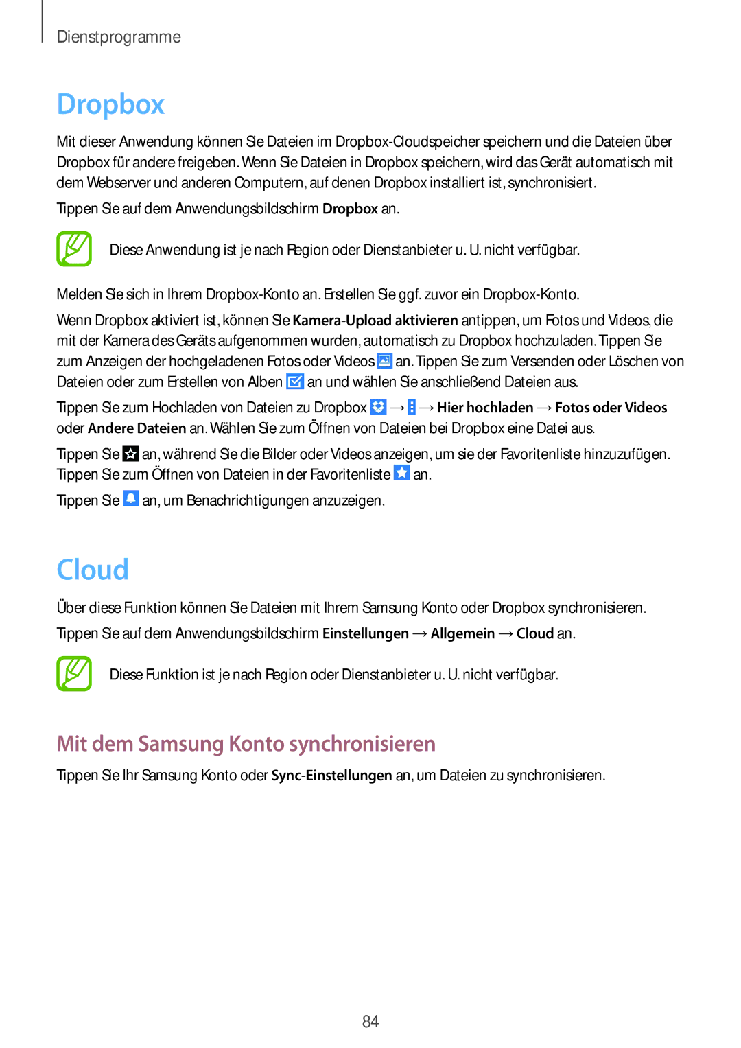 Samsung SM-T235NYKAEUR, SM-T235NZWAATO, SM-T235NYKASEB, SM-T235NZWADBT Dropbox, Cloud, Mit dem Samsung Konto synchronisieren 