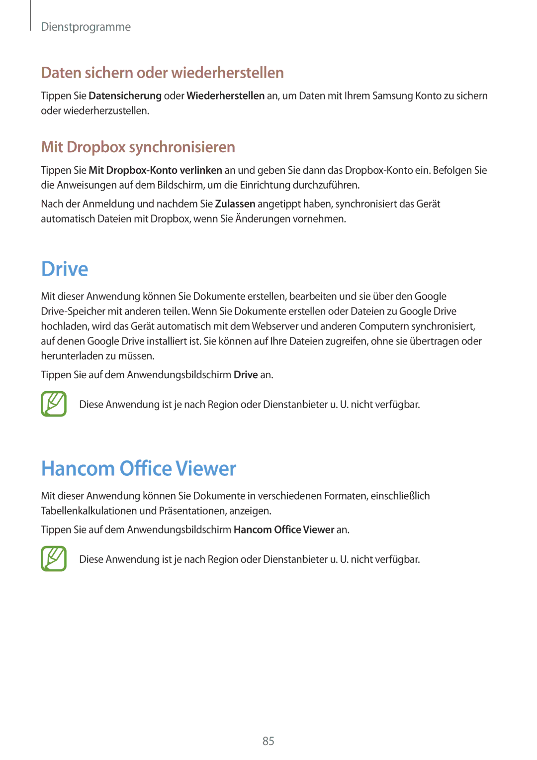 Samsung SM-T235NZWAXEO manual Drive, Hancom Office Viewer, Daten sichern oder wiederherstellen, Mit Dropbox synchronisieren 