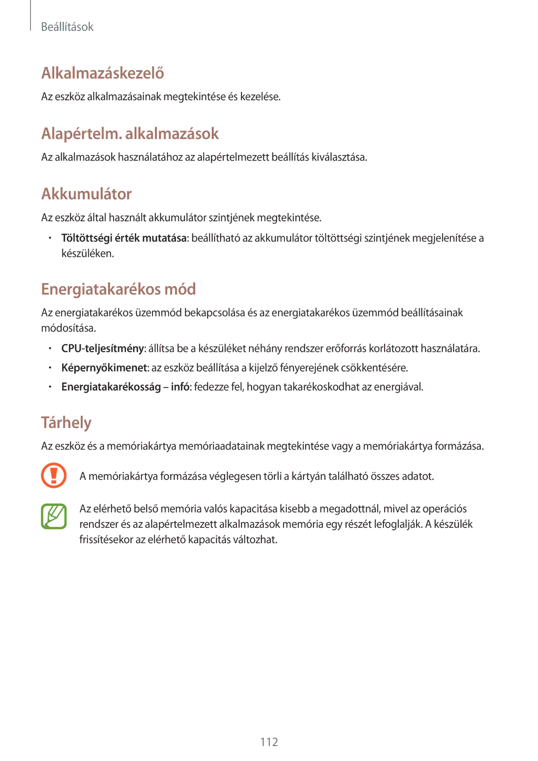 Samsung SM-T235NZWAXEO manual Alkalmazáskezelő, Alapértelm. alkalmazások, Akkumulátor, Energiatakarékos mód, Tárhely 