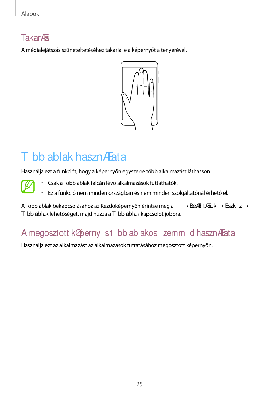 Samsung SM-T235NZWAEUR manual Több ablak használata, Takarás, Megosztott képernyős több ablakos üzemmód használata 