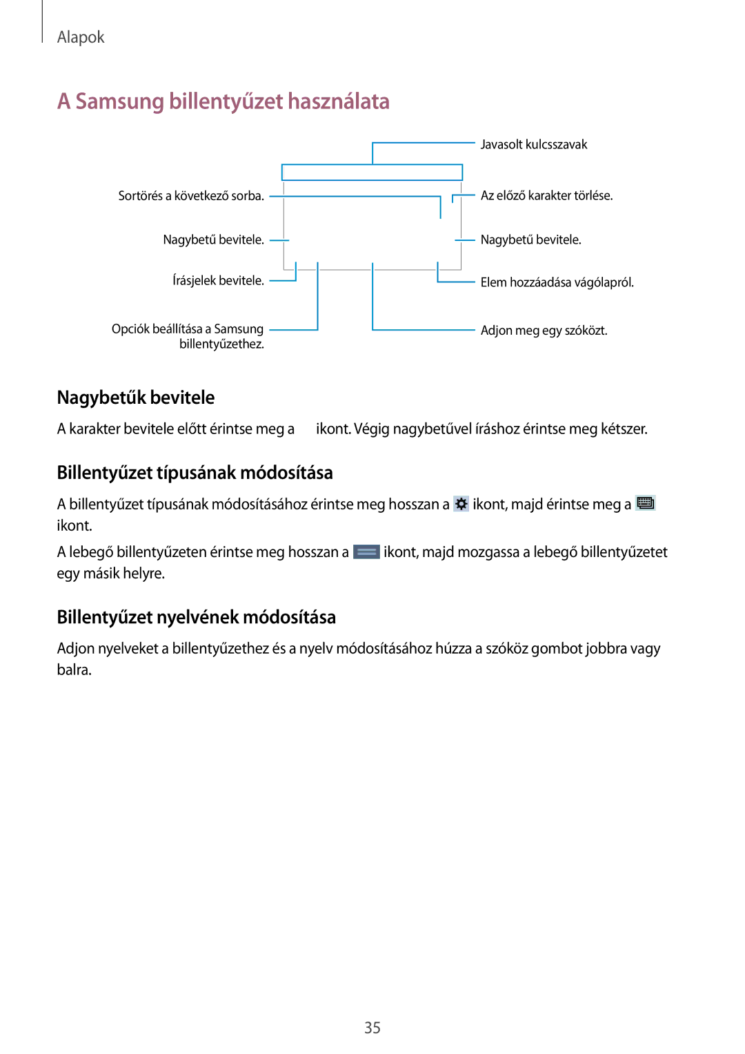 Samsung SM-T235NYKAXEH manual Samsung billentyűzet használata, Nagybetűk bevitele, Billentyűzet típusának módosítása 