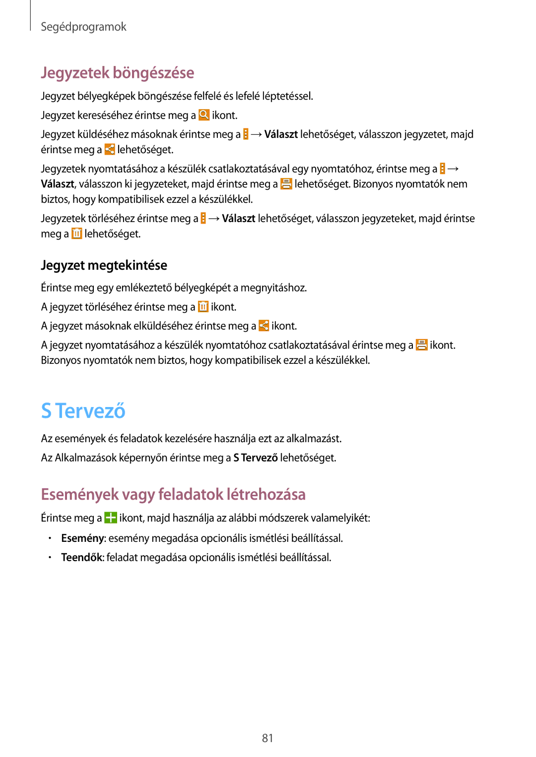 Samsung SM-T235NZWAATO manual Tervező, Jegyzetek böngészése, Események vagy feladatok létrehozása, Jegyzet megtekintése 