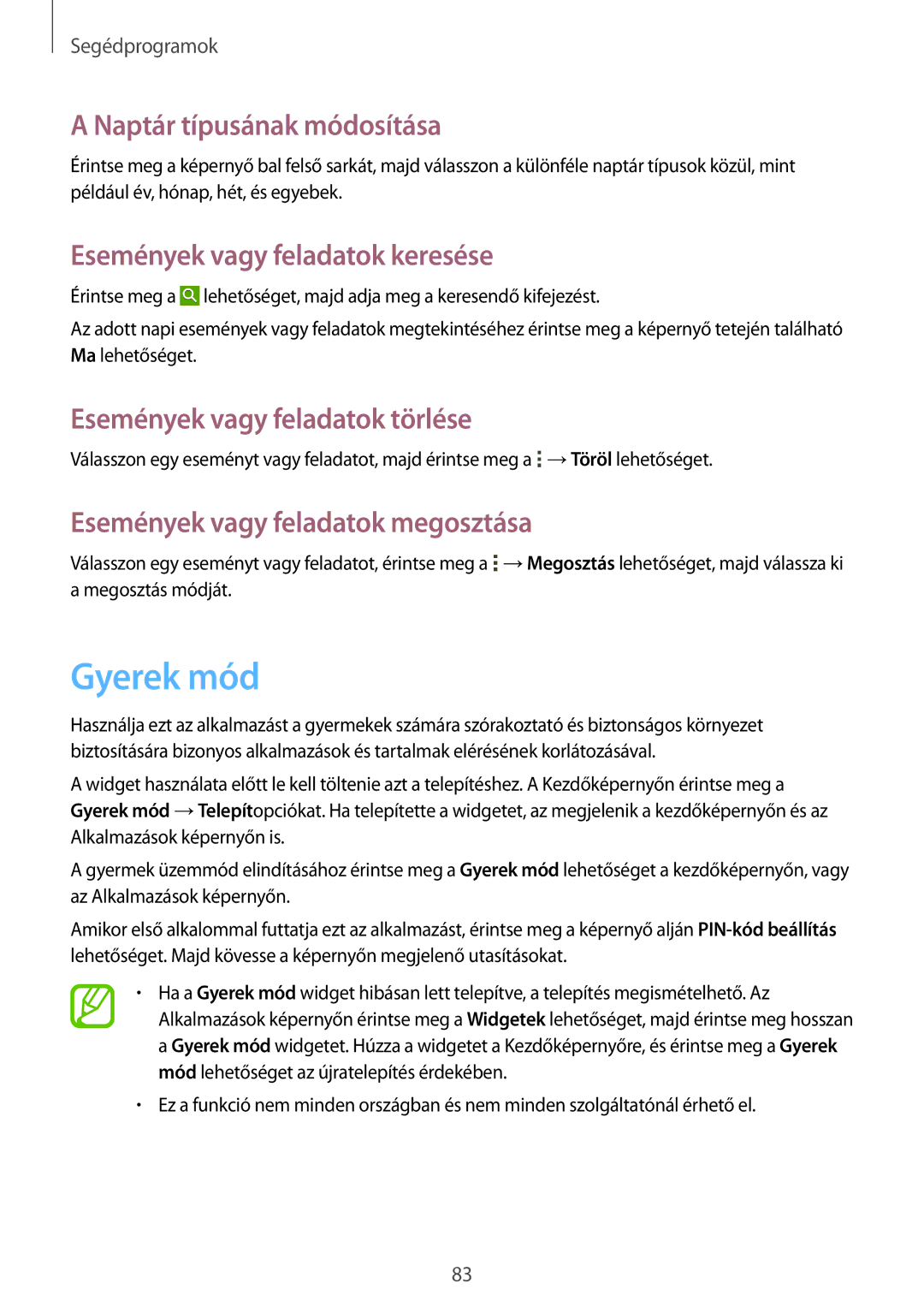 Samsung SM-T235NYKATPL, SM-T235NZWAATO manual Gyerek mód, Naptár típusának módosítása, Események vagy feladatok keresése 