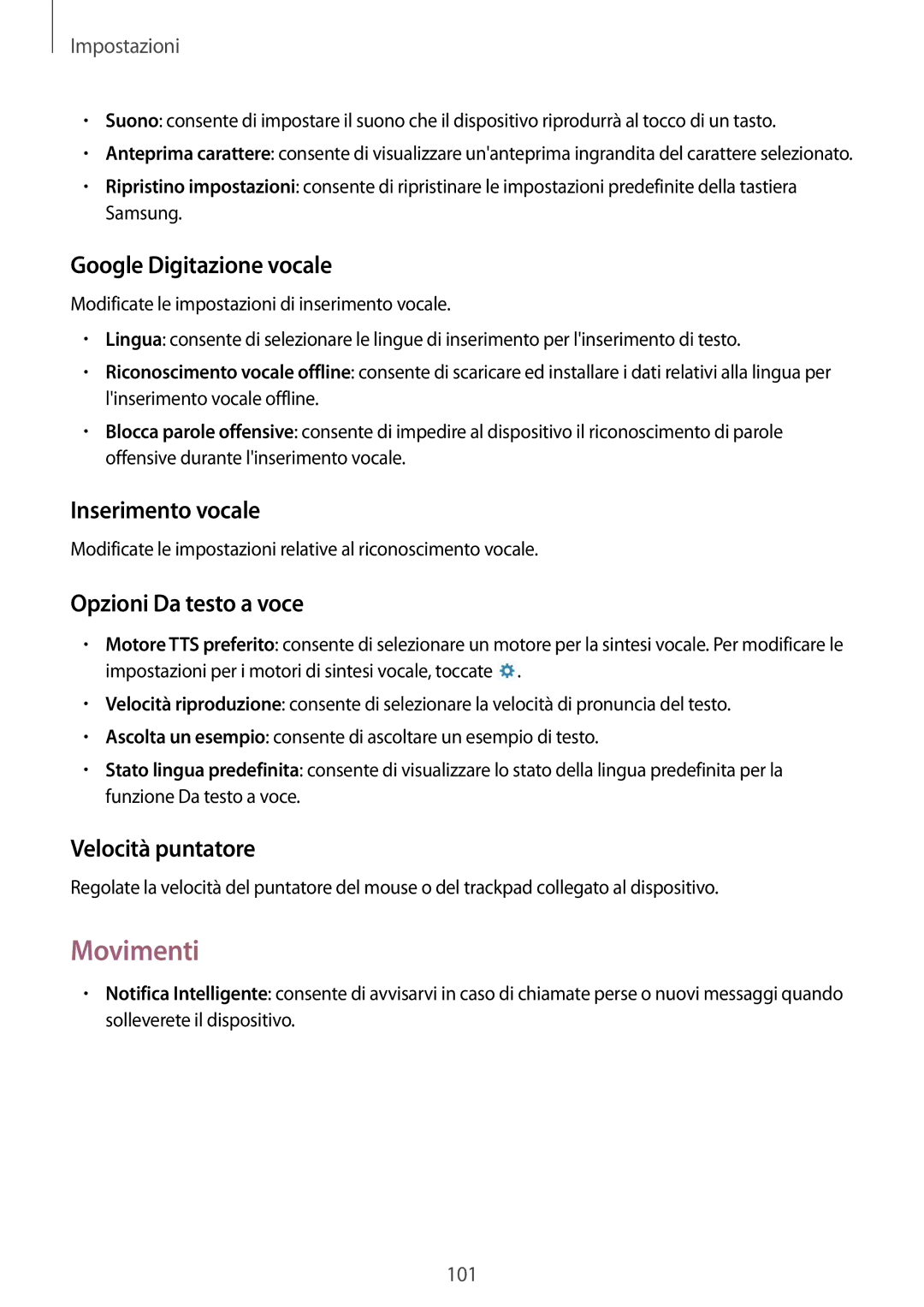 Samsung SM-T235NZWAHUI, SM-T235NZWADBT Movimenti, Google Digitazione vocale, Inserimento vocale, Opzioni Da testo a voce 