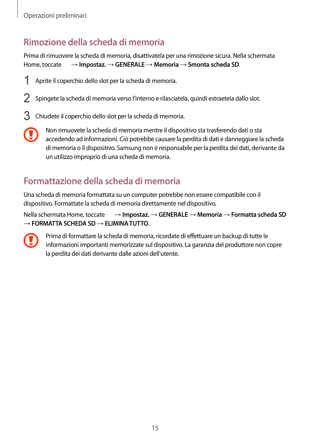 Samsung SM-T235NZWATPL, SM-T235NZWADBT manual Rimozione della scheda di memoria, Formattazione della scheda di memoria 