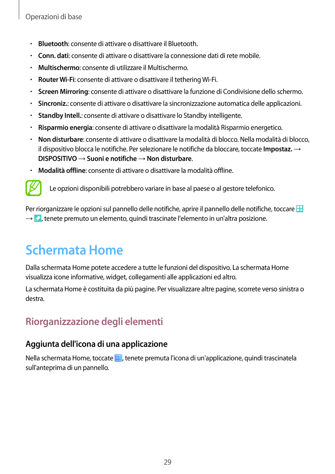 Samsung SM-T235NZWAHUI manual Schermata Home, Riorganizzazione degli elementi, Aggiunta dellicona di una applicazione 