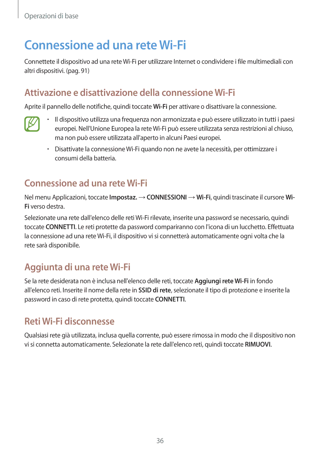 Samsung SM-T235NZWADBT, SM-T235NYKAXEO Connessione ad una rete Wi-Fi, Attivazione e disattivazione della connessione Wi-Fi 