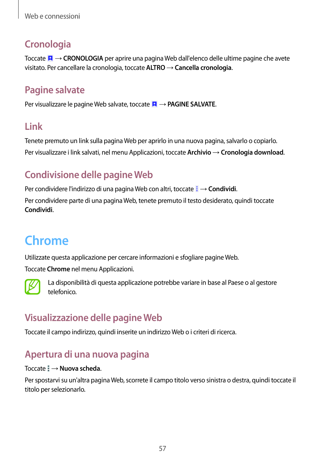 Samsung SM-T235NZWATPL, SM-T235NZWADBT manual Chrome, Cronologia, Pagine salvate, Link, Condivisione delle pagine Web 
