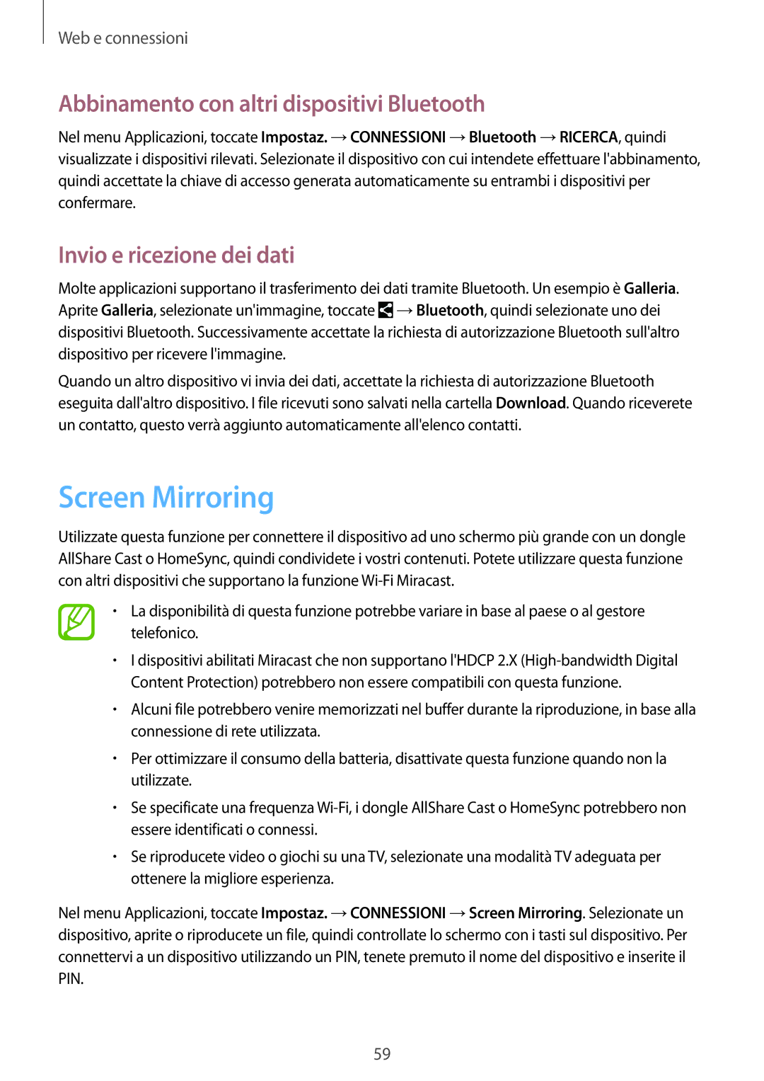 Samsung SM-T235NZWAHUI manual Screen Mirroring, Abbinamento con altri dispositivi Bluetooth, Invio e ricezione dei dati 