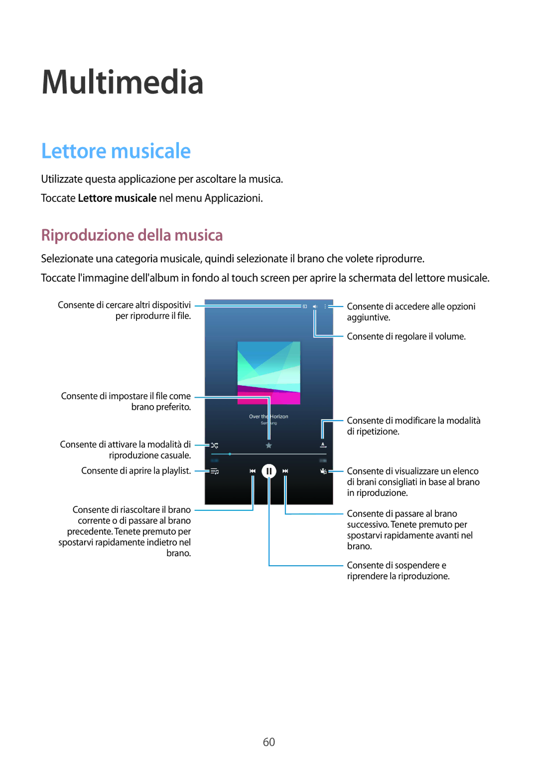 Samsung SM-T235NZWADBT, SM-T235NYKAXEO, SM-T235NYKATPL manual Multimedia, Lettore musicale, Riproduzione della musica 