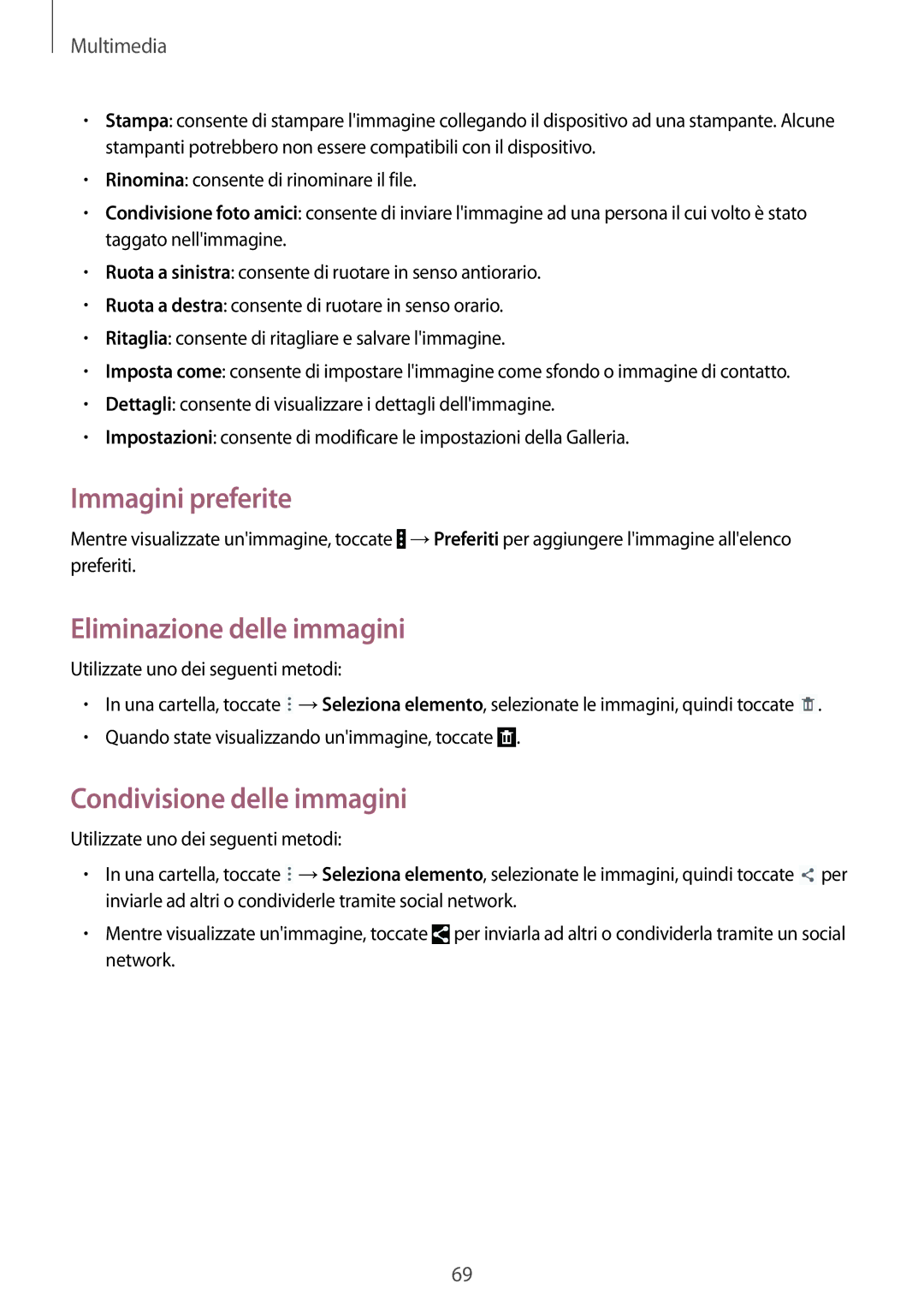 Samsung SM-T235NZWATPL, SM-T235NZWADBT manual Immagini preferite, Eliminazione delle immagini, Condivisione delle immagini 