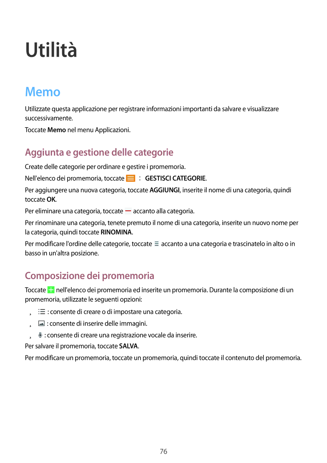 Samsung SM-T235NYKAHUI, SM-T235NZWADBT Utilità, Memo, Aggiunta e gestione delle categorie, Composizione dei promemoria 