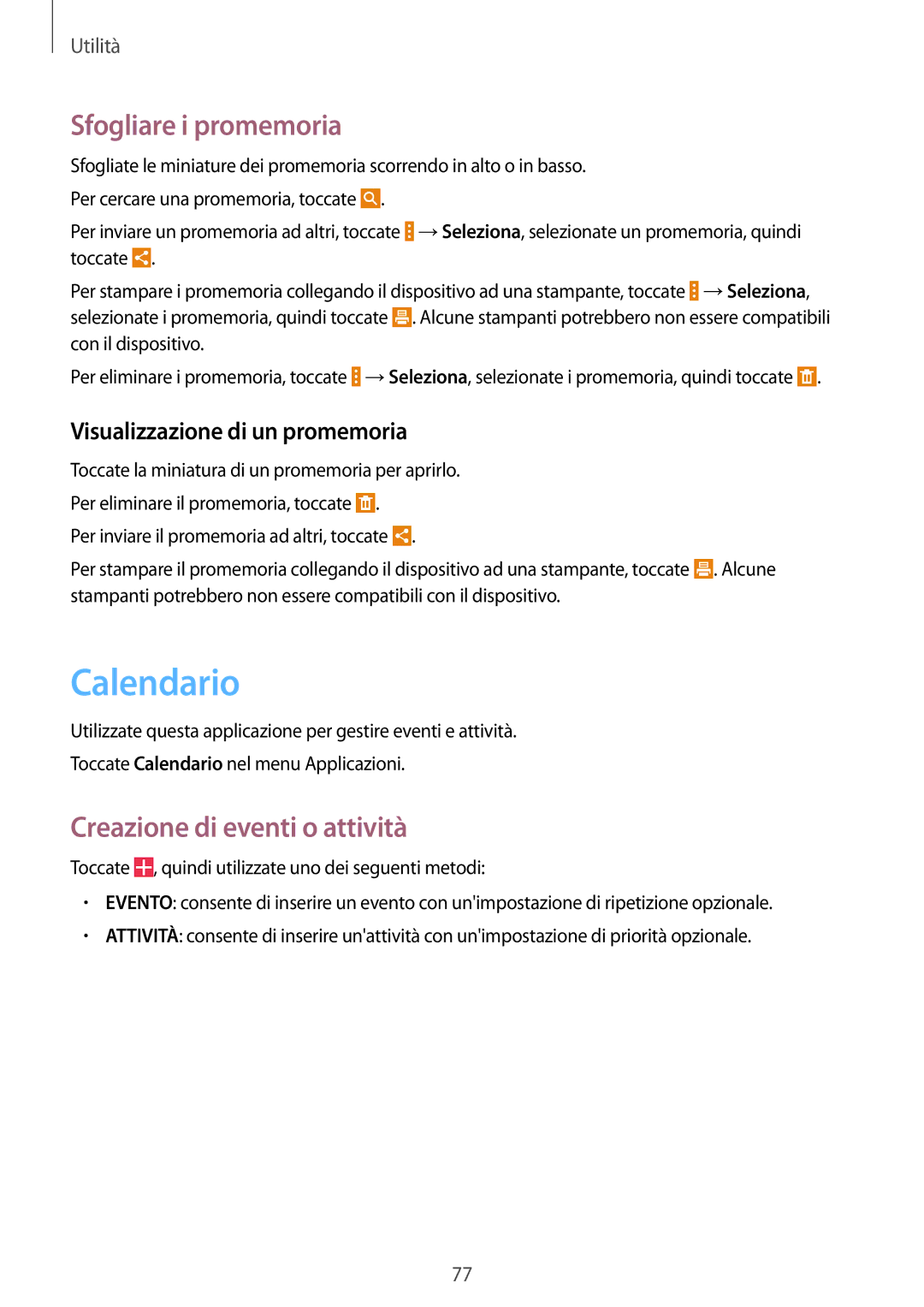 Samsung SM-T235NZWAHUI, SM-T235NZWADBT, SM-T235NYKAXEO Calendario, Sfogliare i promemoria, Creazione di eventi o attività 