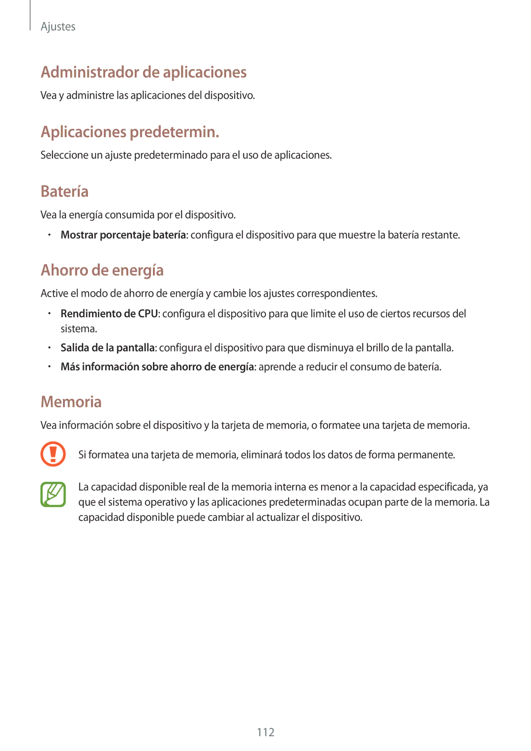 Samsung SM-T235NYKAPHE manual Administrador de aplicaciones, Aplicaciones predetermin, Batería, Ahorro de energía, Memoria 