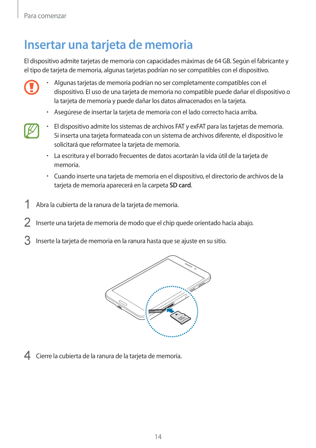 Samsung SM-T235NZWAPHE, SM-T235NZWAXEF, SM-T235NYKAPHE manual Insertar una tarjeta de memoria 