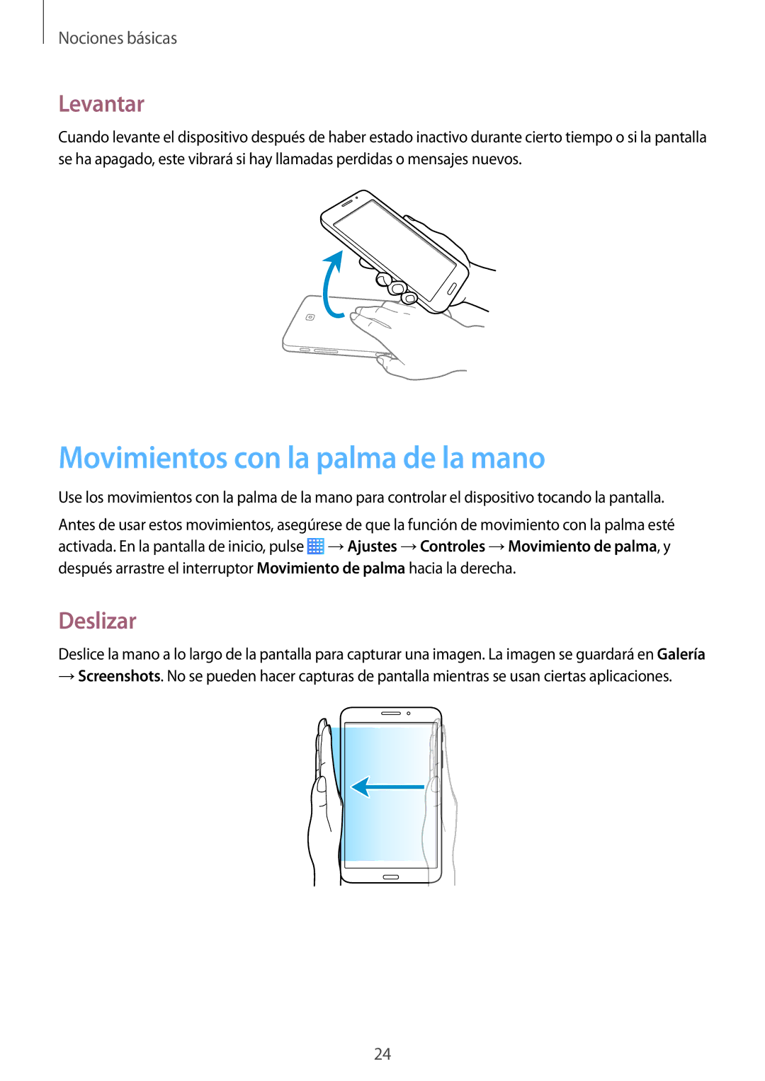 Samsung SM-T235NZWAXEF, SM-T235NYKAPHE, SM-T235NZWAPHE manual Movimientos con la palma de la mano, Levantar, Deslizar 