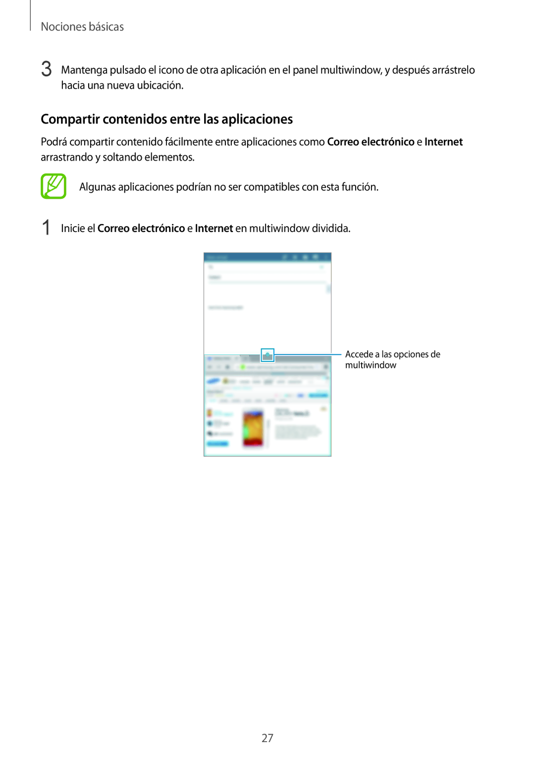 Samsung SM-T235NZWAXEF, SM-T235NYKAPHE, SM-T235NZWAPHE manual Compartir contenidos entre las aplicaciones 