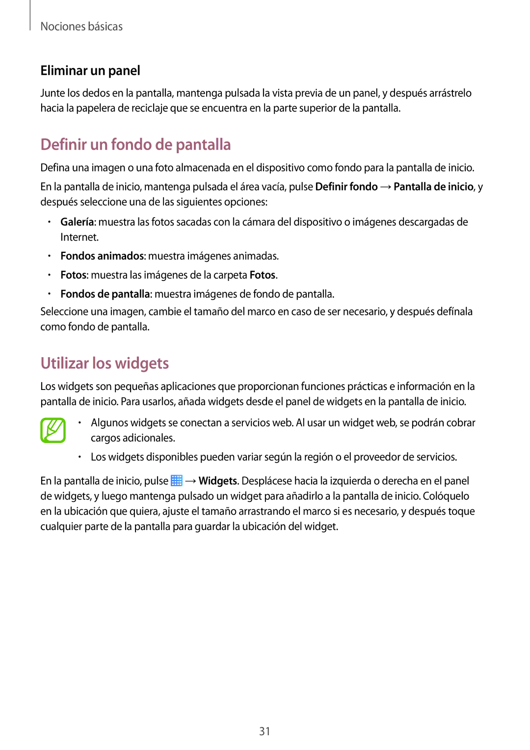 Samsung SM-T235NYKAPHE, SM-T235NZWAXEF manual Definir un fondo de pantalla, Utilizar los widgets, Eliminar un panel 