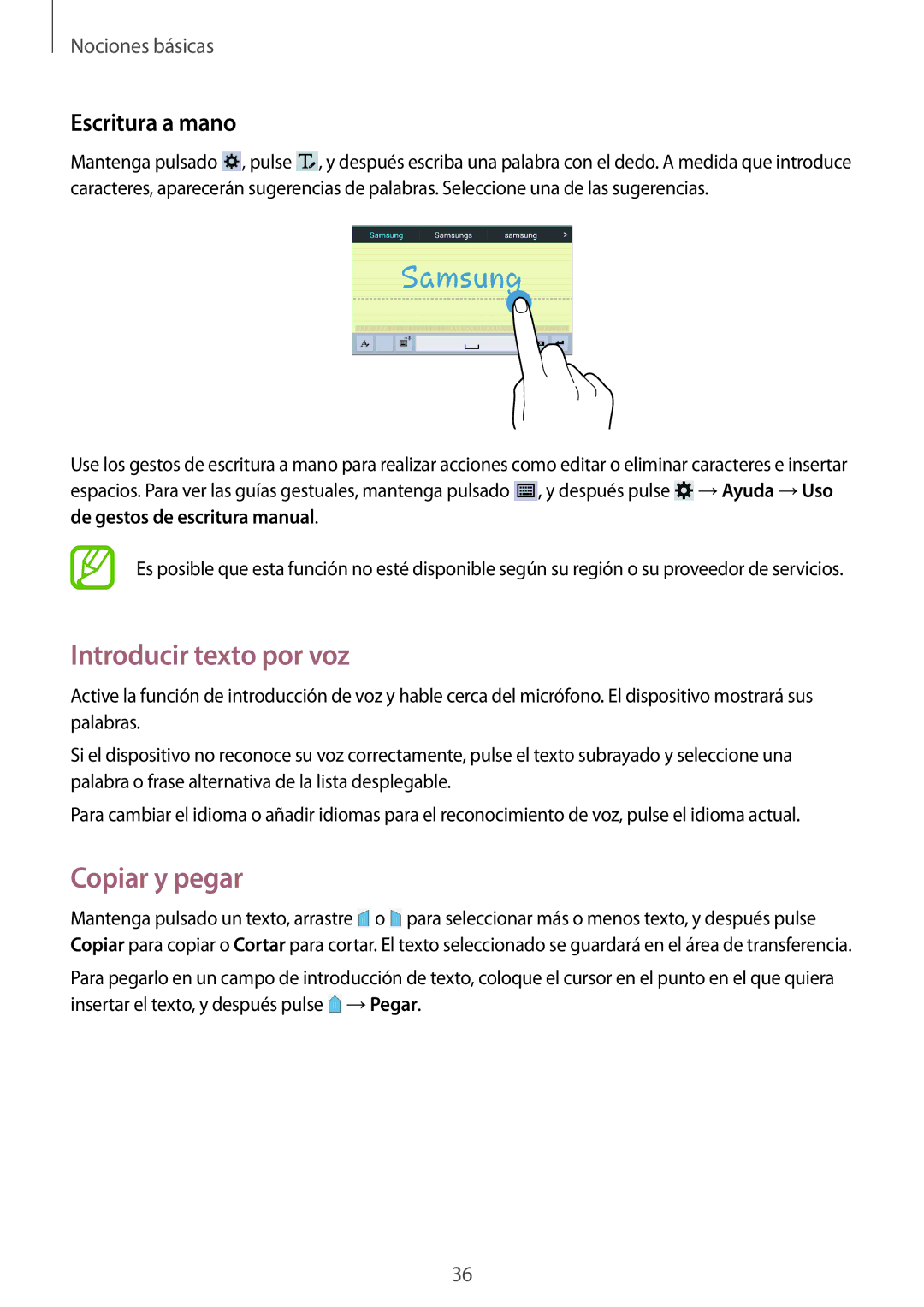 Samsung SM-T235NZWAXEF, SM-T235NYKAPHE, SM-T235NZWAPHE manual Introducir texto por voz, Copiar y pegar, Escritura a mano 