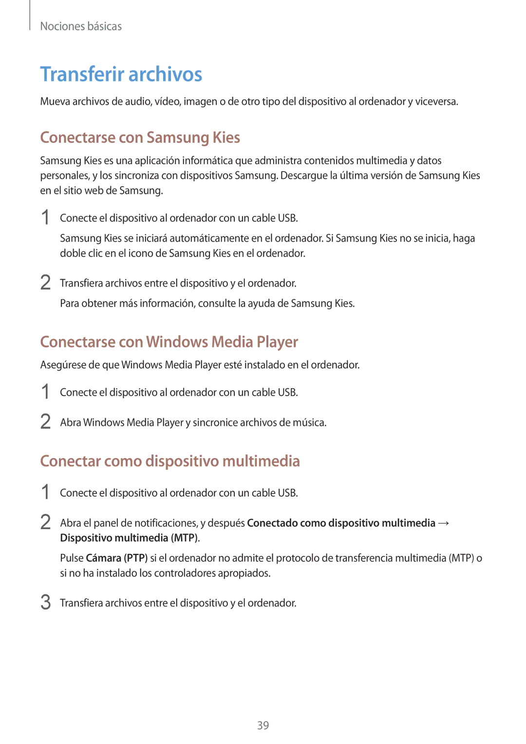 Samsung SM-T235NZWAXEF manual Transferir archivos, Conectarse con Samsung Kies, Conectarse con Windows Media Player 