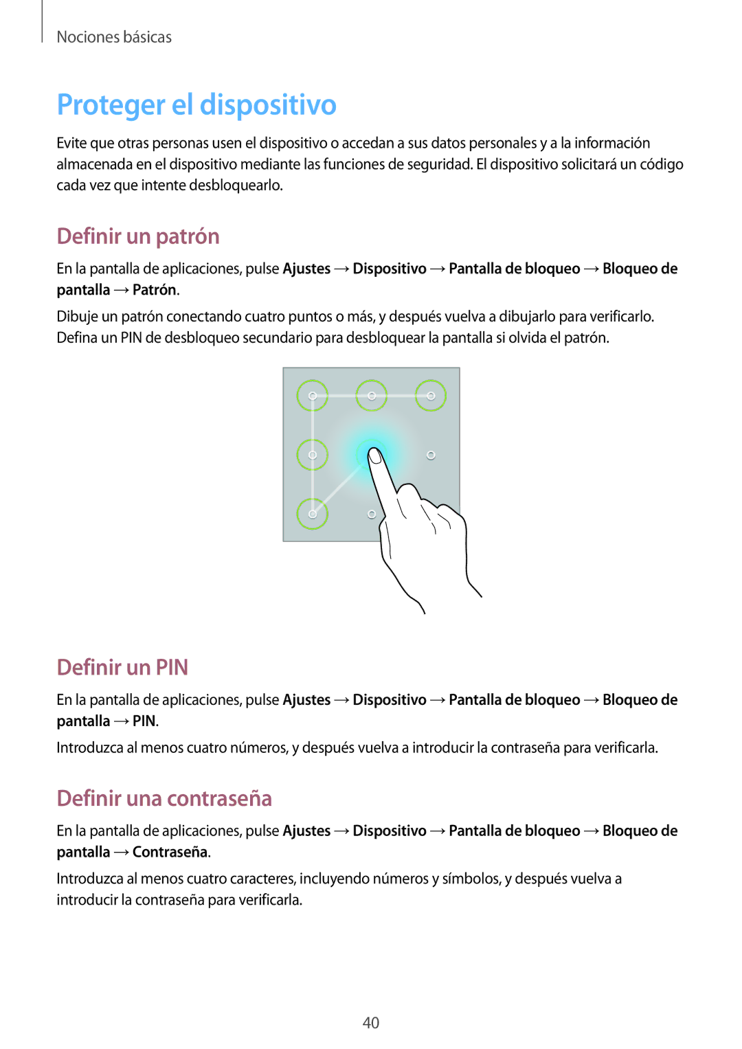 Samsung SM-T235NYKAPHE, SM-T235NZWAXEF Proteger el dispositivo, Definir un patrón, Definir un PIN, Definir una contraseña 