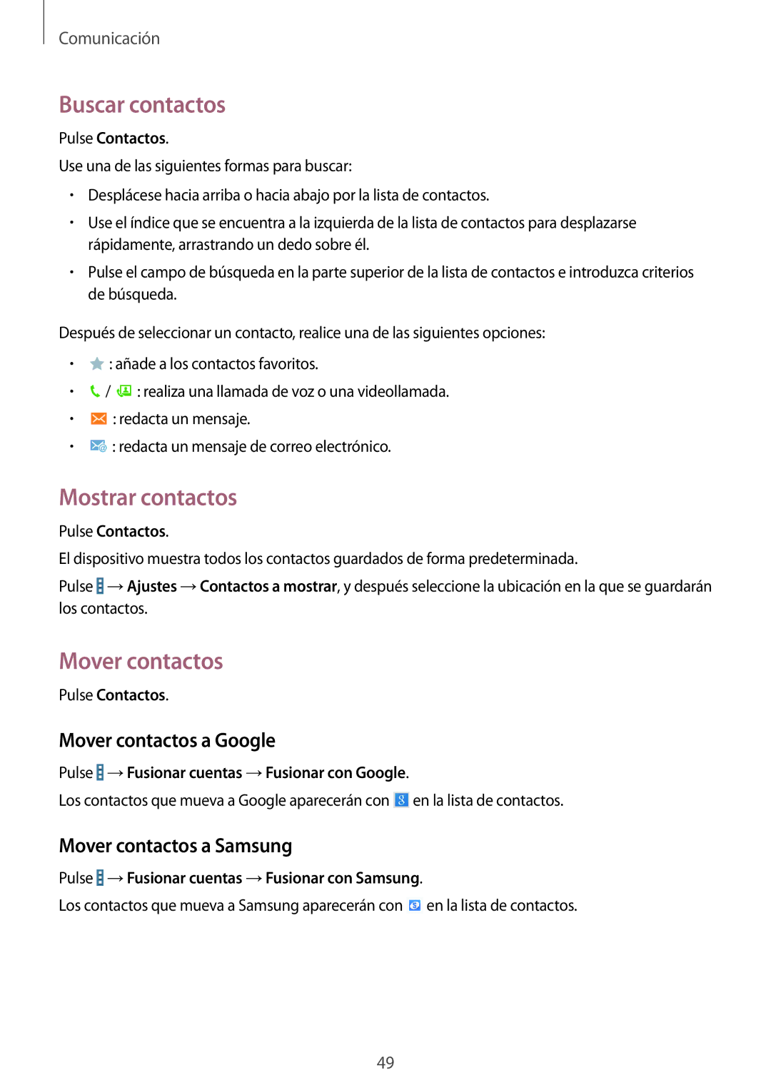 Samsung SM-T235NYKAPHE manual Buscar contactos, Mostrar contactos, Mover contactos a Google, Mover contactos a Samsung 