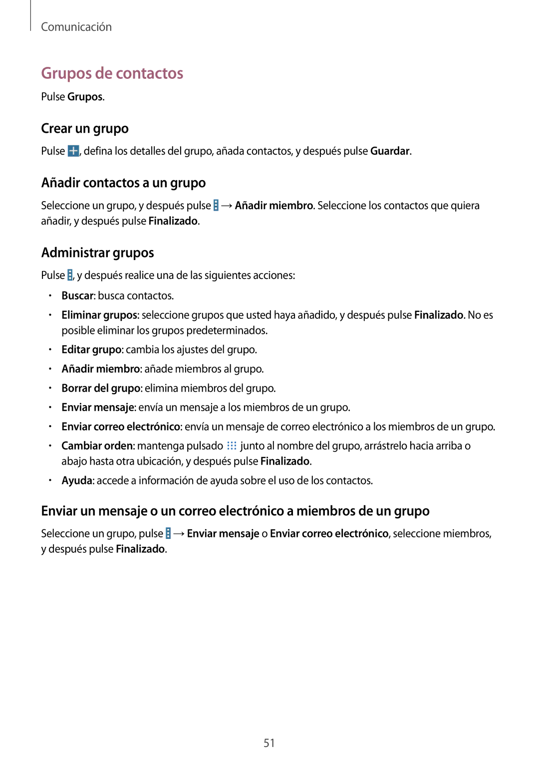 Samsung SM-T235NZWAXEF manual Grupos de contactos, Crear un grupo, Añadir contactos a un grupo, Administrar grupos 