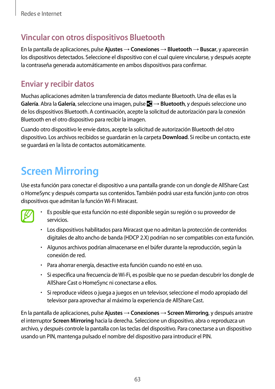 Samsung SM-T235NZWAXEF, SM-T235NYKAPHE Screen Mirroring, Vincular con otros dispositivos Bluetooth, Enviar y recibir datos 