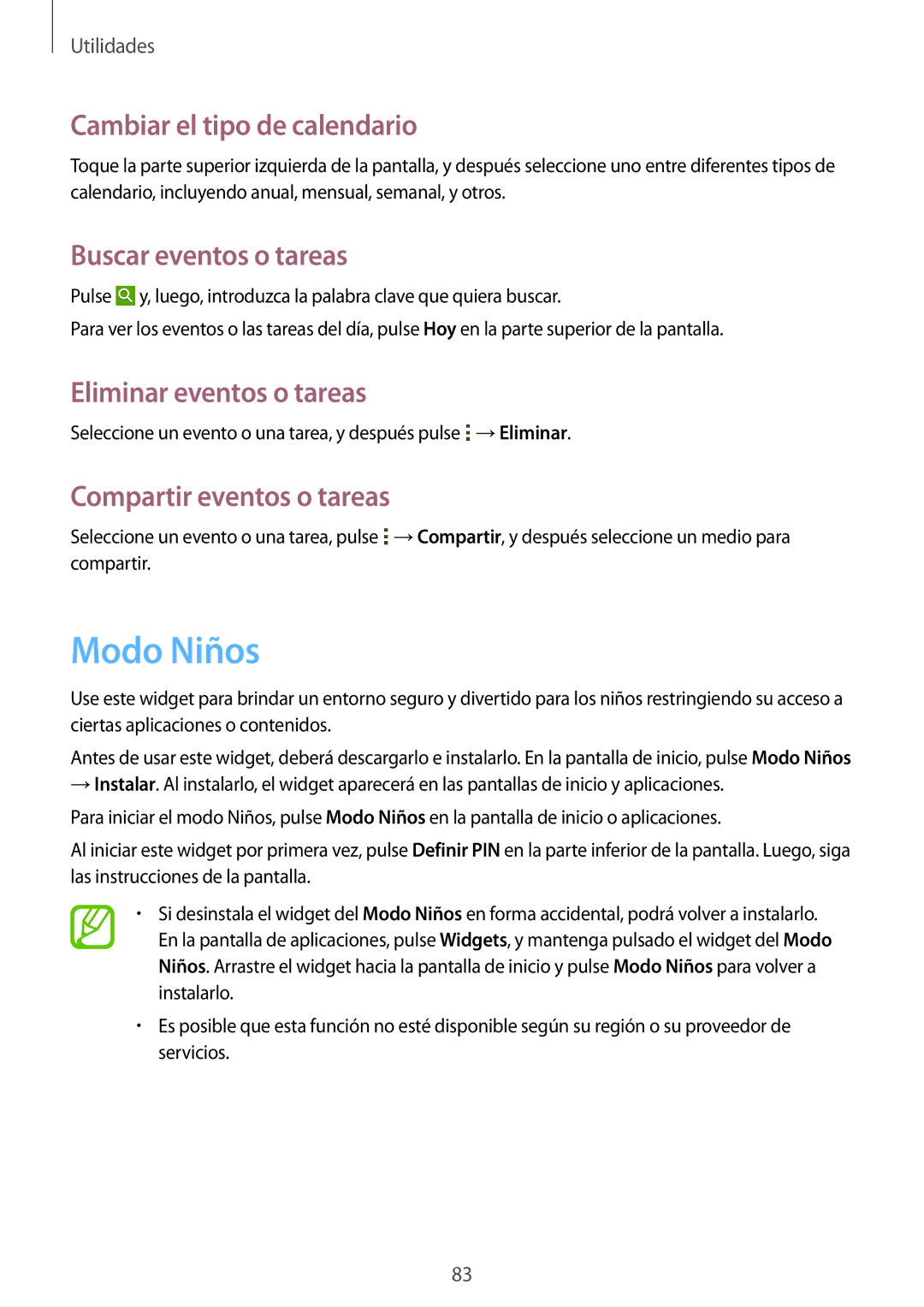 Samsung SM-T235NZWAPHE manual Modo Niños, Cambiar el tipo de calendario, Buscar eventos o tareas, Eliminar eventos o tareas 