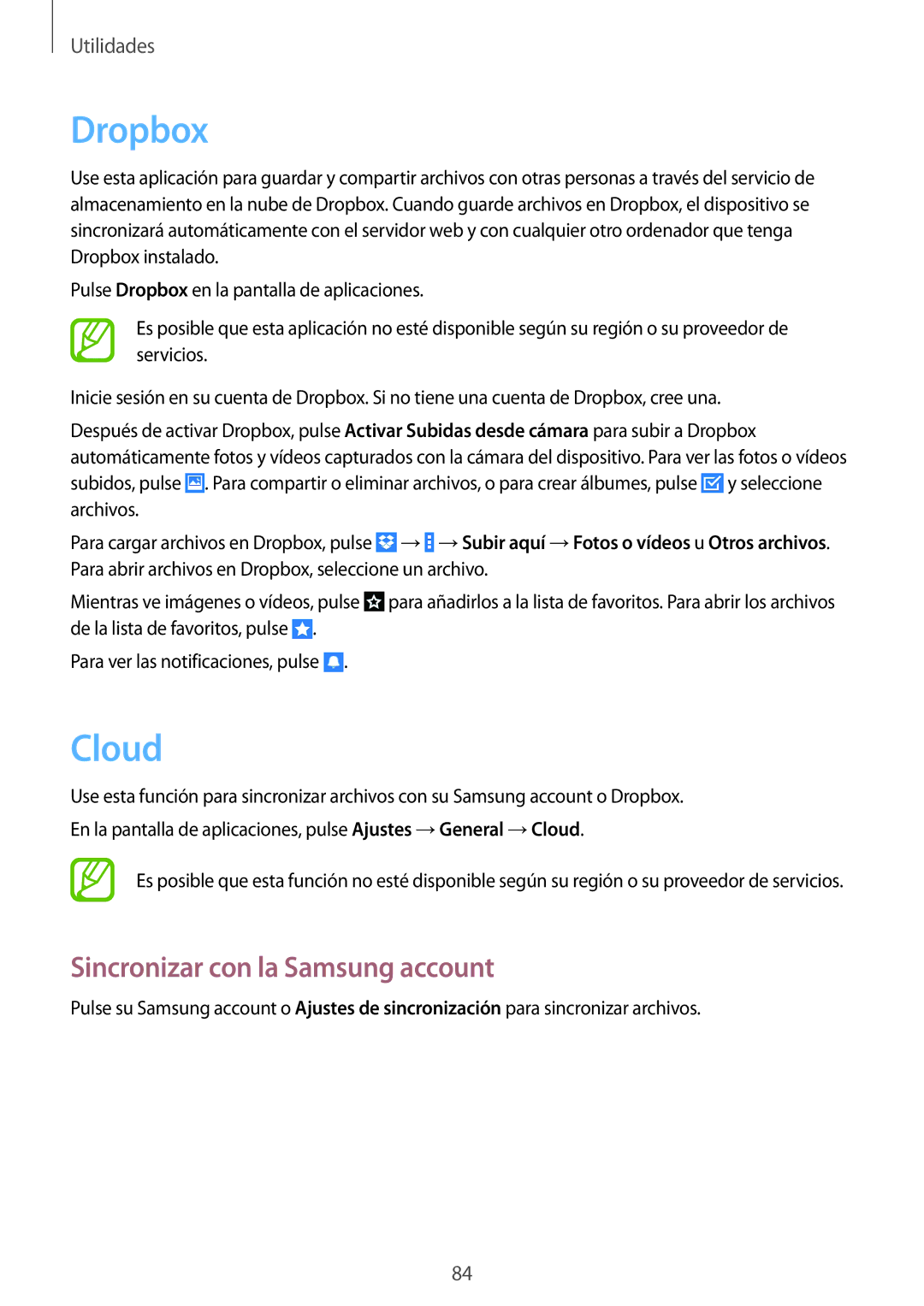 Samsung SM-T235NZWAXEF, SM-T235NYKAPHE, SM-T235NZWAPHE manual Dropbox, Cloud, Sincronizar con la Samsung account 