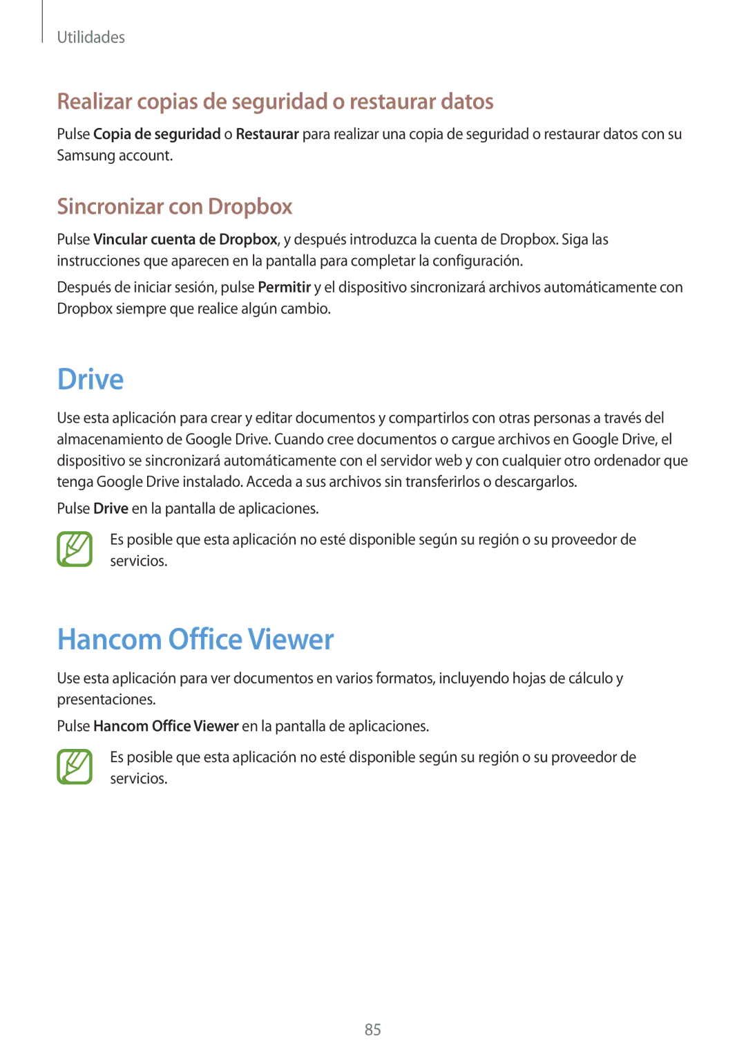 Samsung SM-T235NYKAPHE, SM-T235NZWAXEF manual Drive, Hancom Office Viewer, Realizar copias de seguridad o restaurar datos 