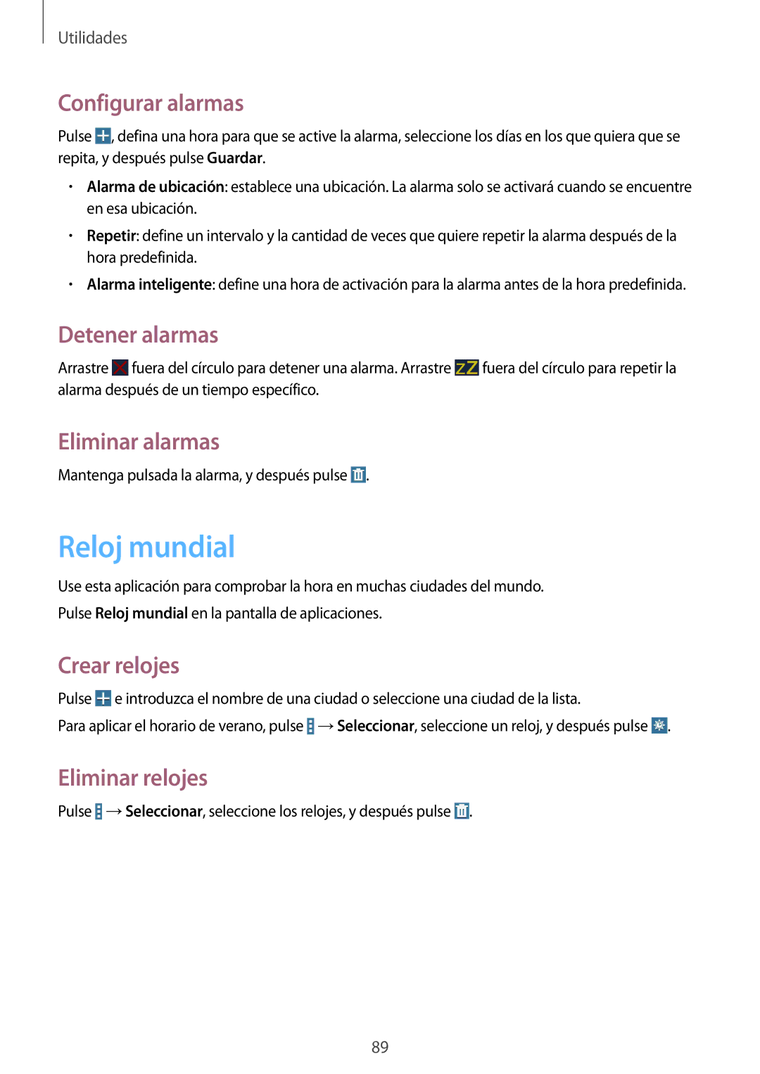 Samsung SM-T235NZWAPHE, SM-T235NZWAXEF, SM-T235NYKAPHE manual Reloj mundial 