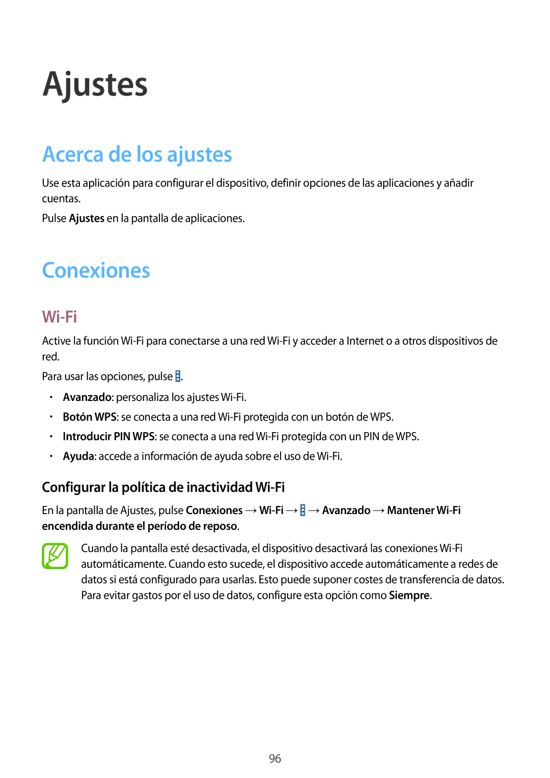 Samsung SM-T235NZWAXEF manual Ajustes, Acerca de los ajustes, Conexiones, Configurar la política de inactividad Wi-Fi 