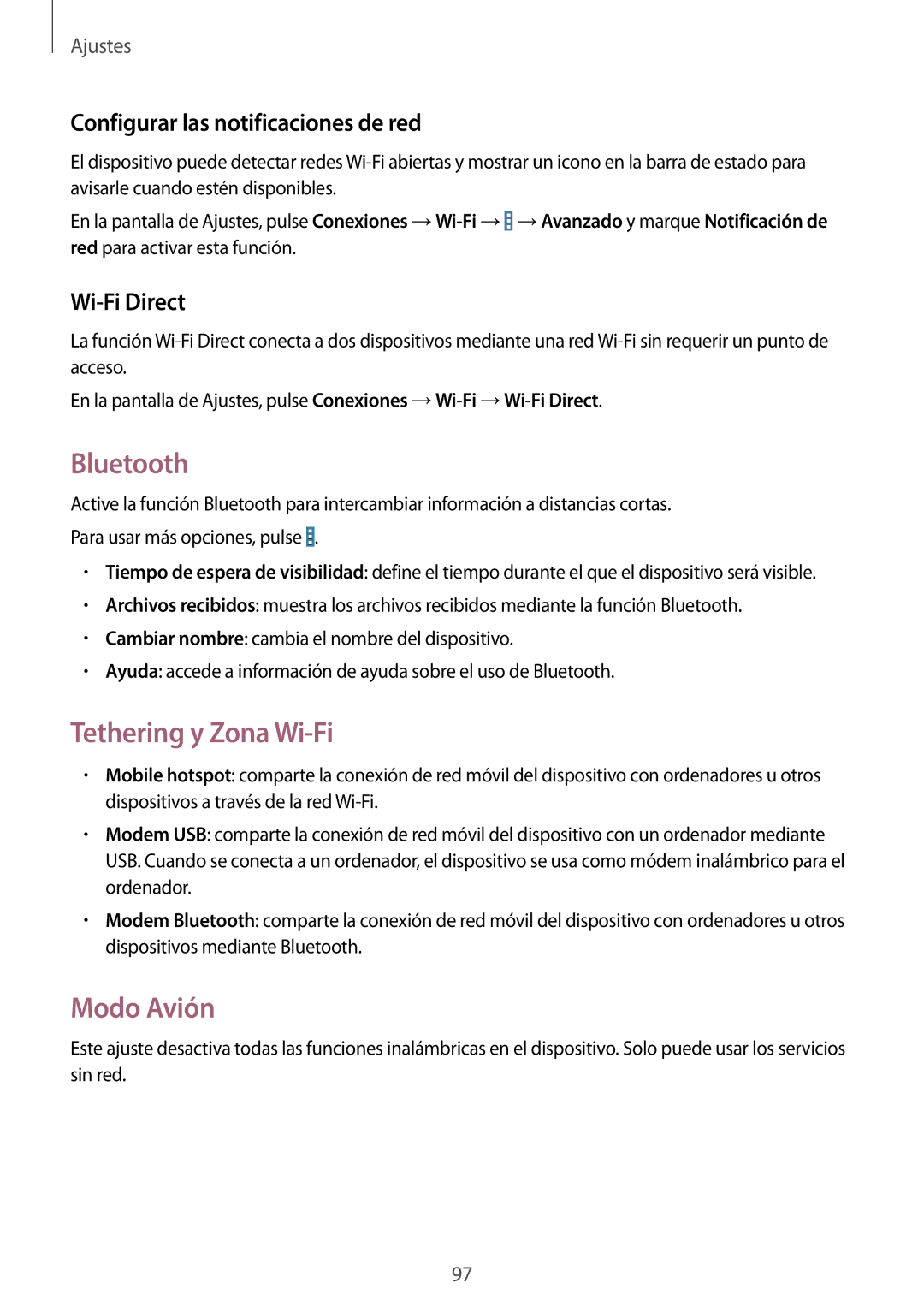 Samsung SM-T235NYKAPHE Bluetooth, Tethering y Zona Wi-Fi, Modo Avión, Configurar las notificaciones de red, Wi-Fi Direct 