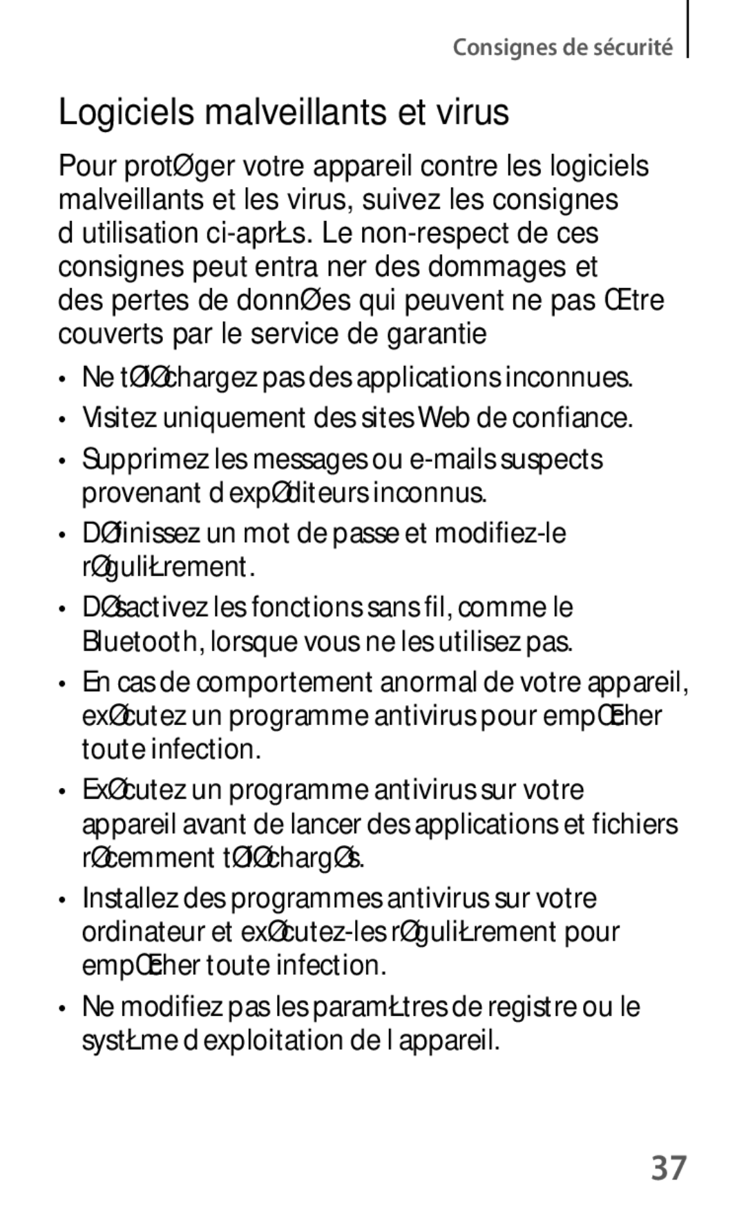 Samsung SM-T235NZWAXEF manual Logiciels malveillants et virus 
