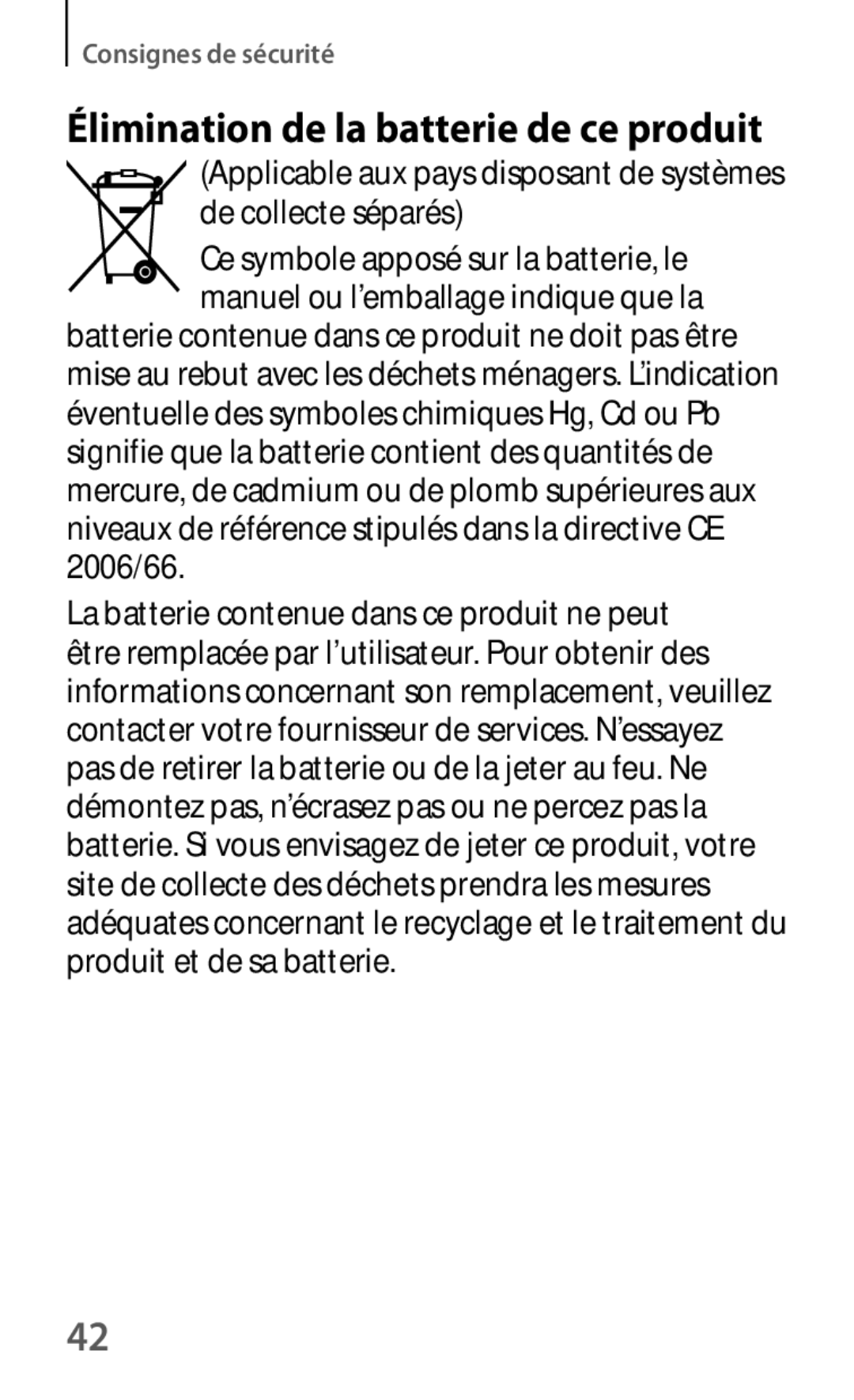 Samsung SM-T235NZWAXEF manual Élimination de la batterie de ce produit 