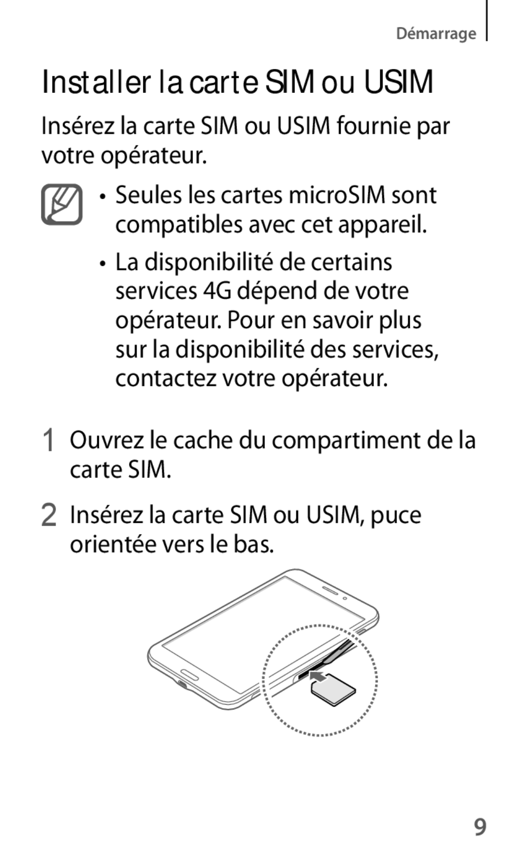 Samsung SM-T235NZWAXEF manual Installer la carte SIM ou Usim, Insérez la carte SIM ou Usim fournie par votre opérateur 