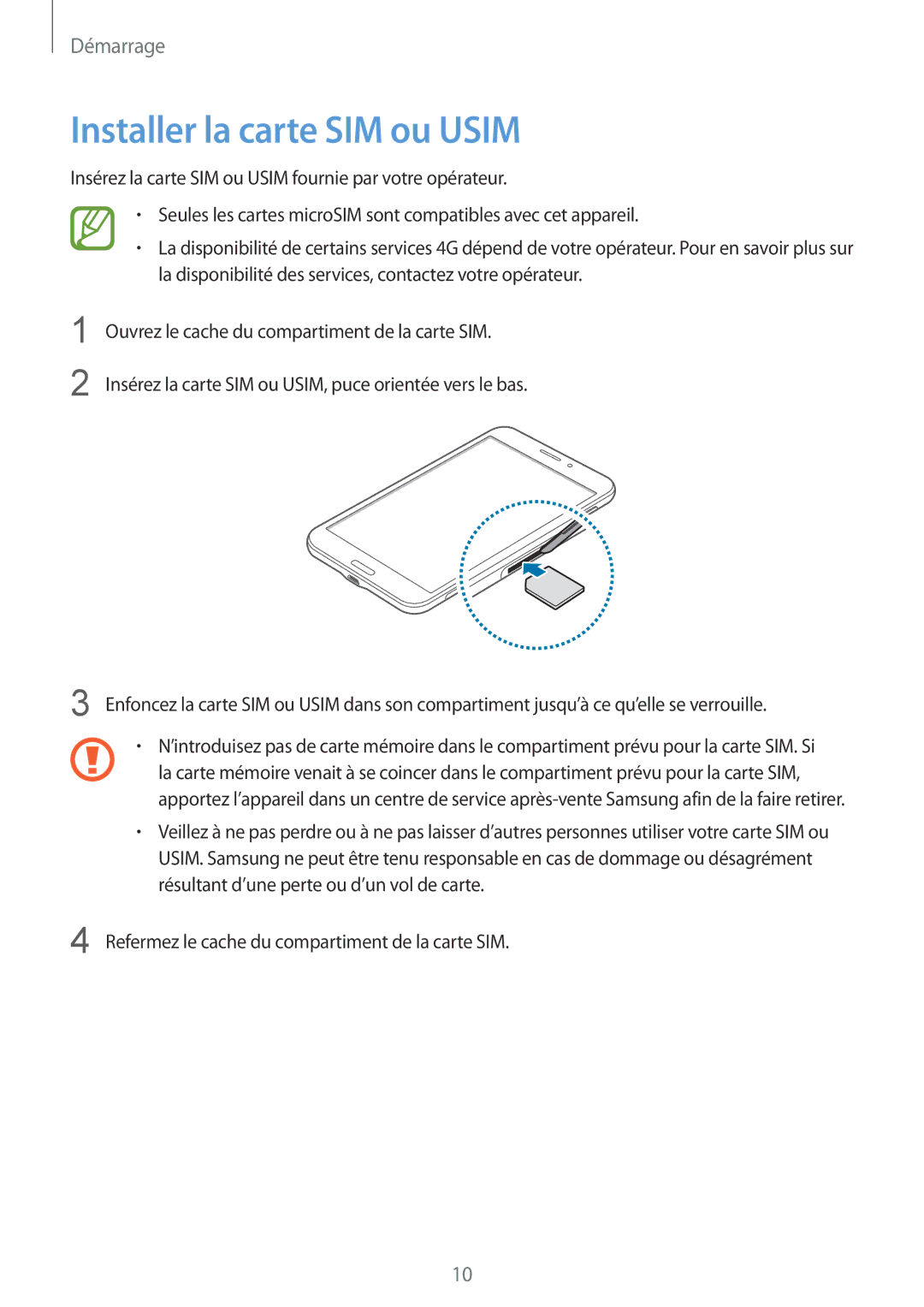 Samsung SM-T235NZWAXEF manual Installer la carte SIM ou Usim 