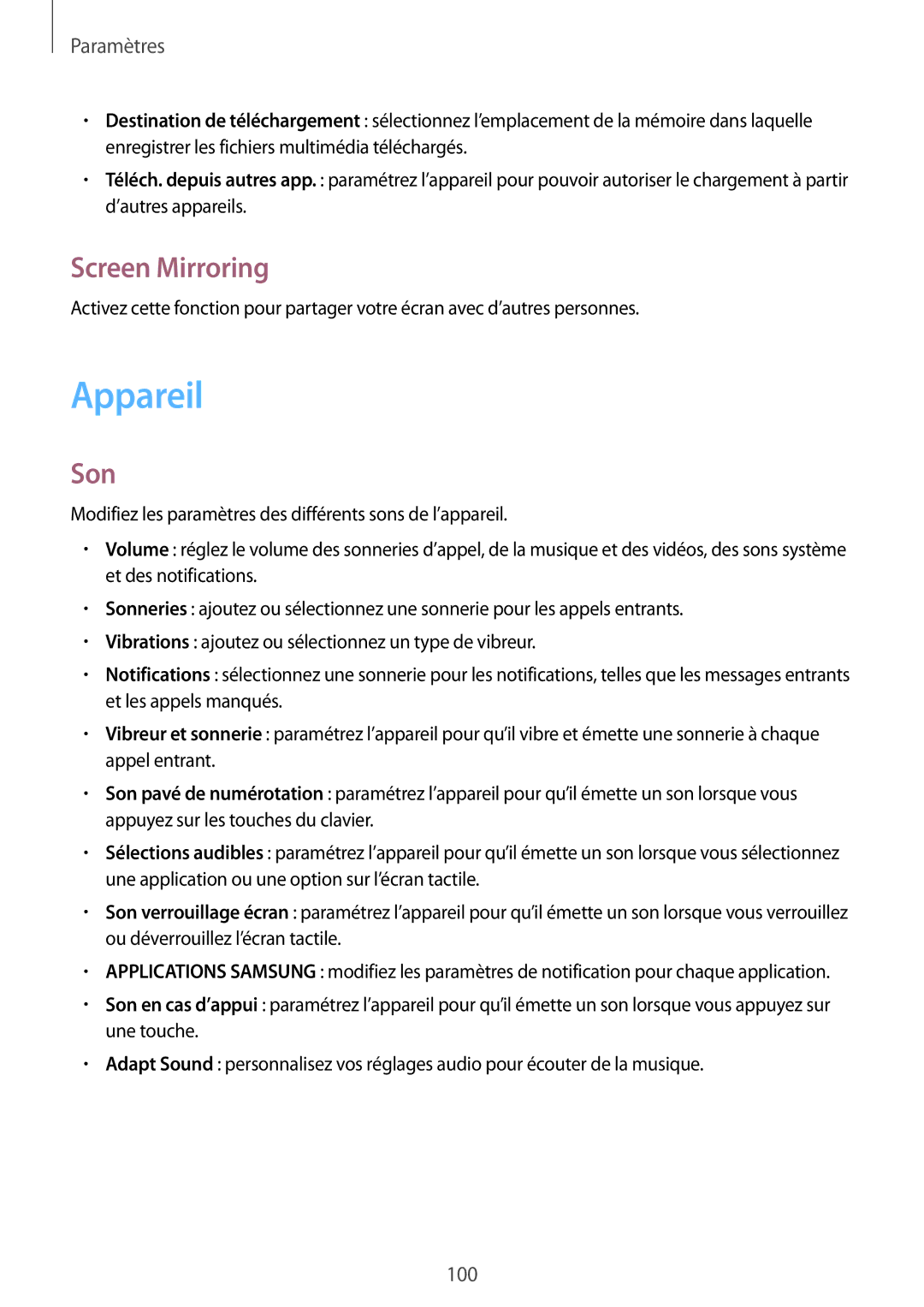 Samsung SM-T235NZWAXEF manual Appareil, Screen Mirroring, Son 